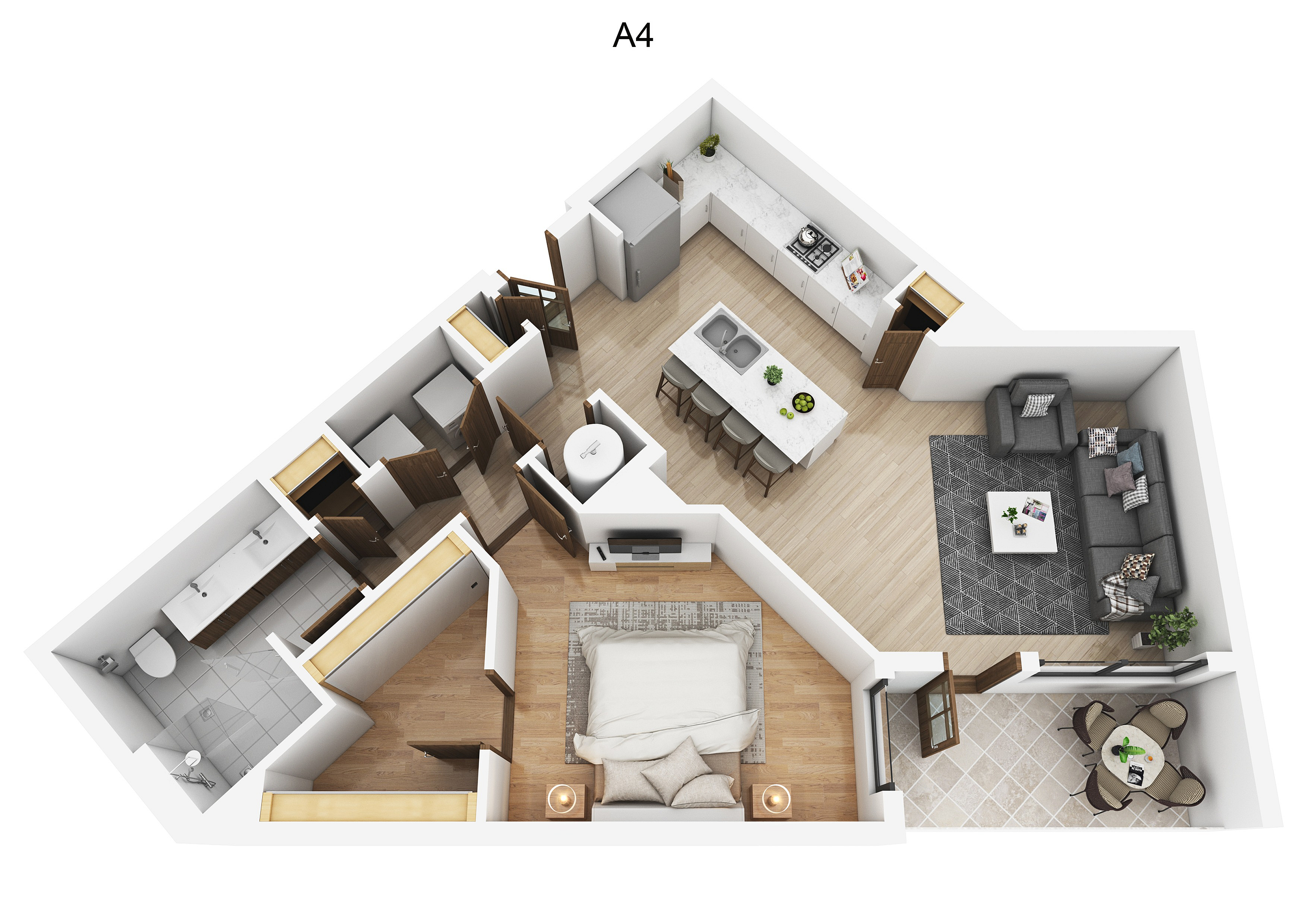 Modern Monarch floor plan showcasing a single-bedroom apartment with an open-concept kitchen and living area, sleek bathroom, and inviting balcony space.