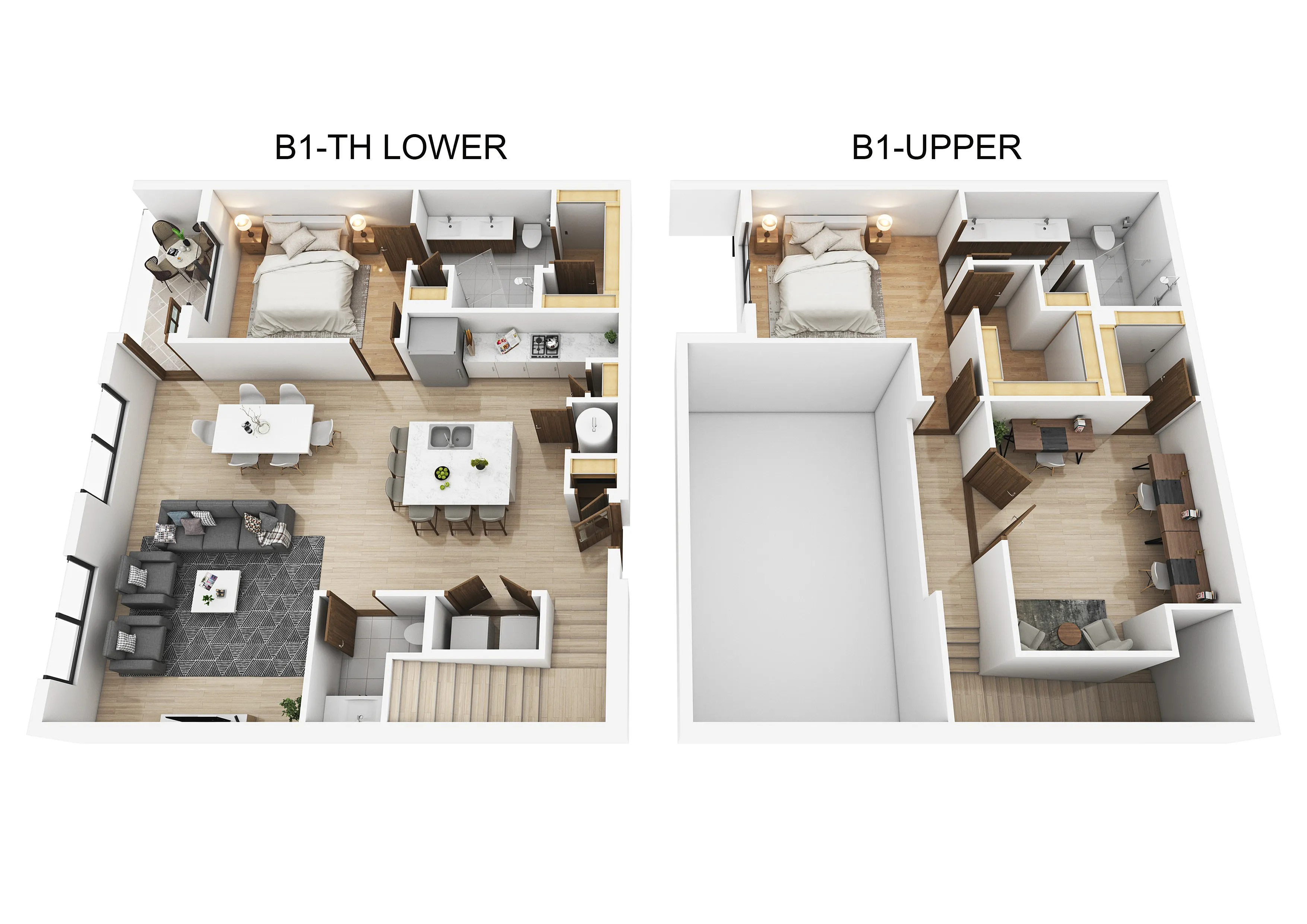 Chic two-story townhouse floor plan with 2 bedrooms, modern kitchen, spacious living and dining areas, and home office. Perfect blend of comfort and style.