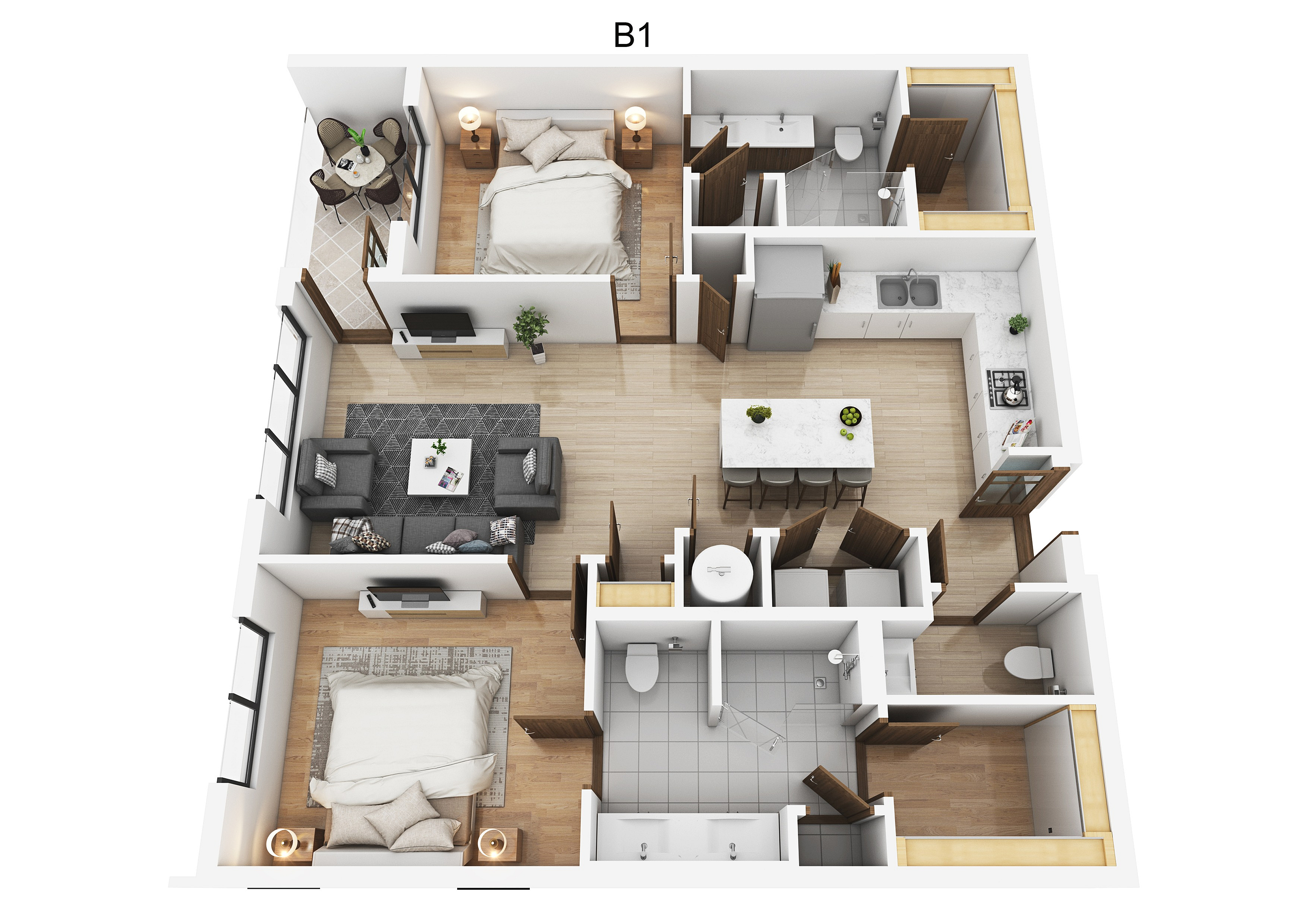Modern 3D floor plan featuring 2 bedrooms, a cozy living room, elegant kitchen with breakfast bar, and two well-appointed bathrooms.