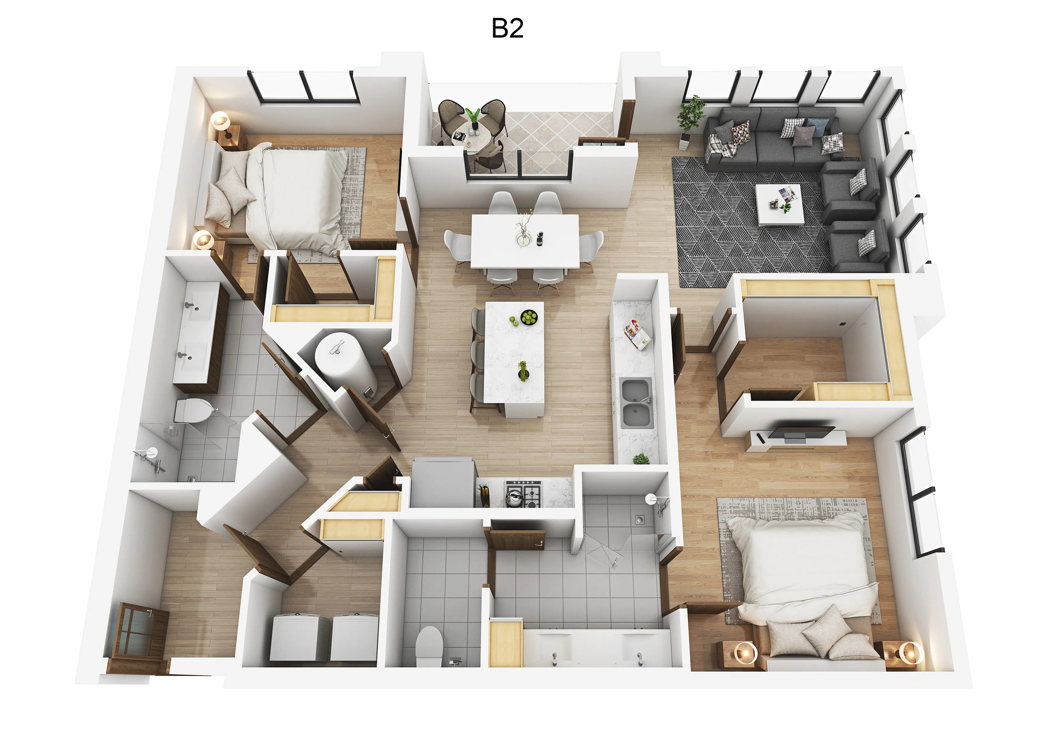 Elegant 3D floor plan featuring 2 bedrooms, a modern kitchen with an island, cozy living area, and stylish dining space.
