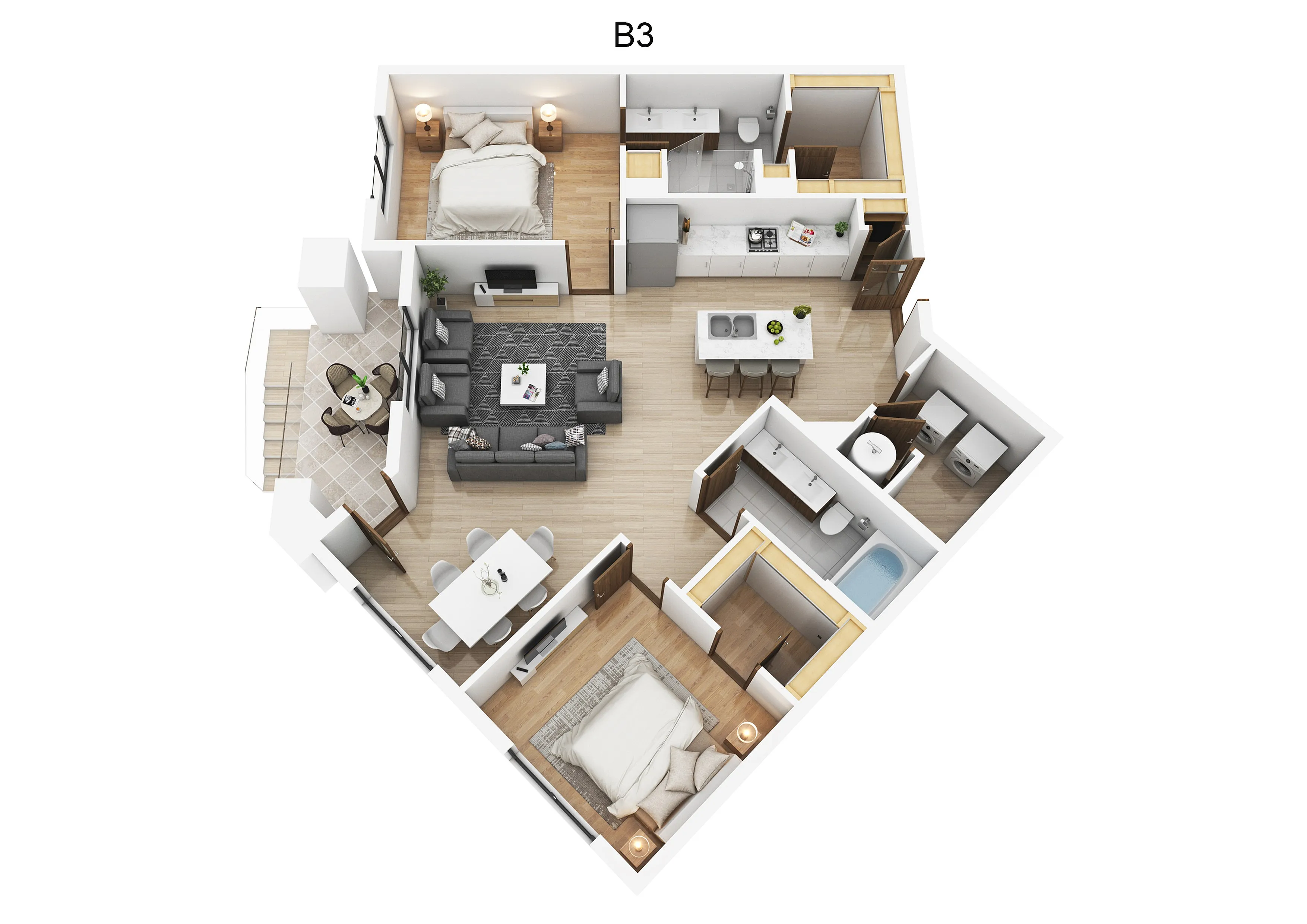 Modern 3D floor plan showcasing two bedrooms, an inviting open-concept living and dining area, a sleek kitchen with a breakfast bar, and two stylish bathrooms.