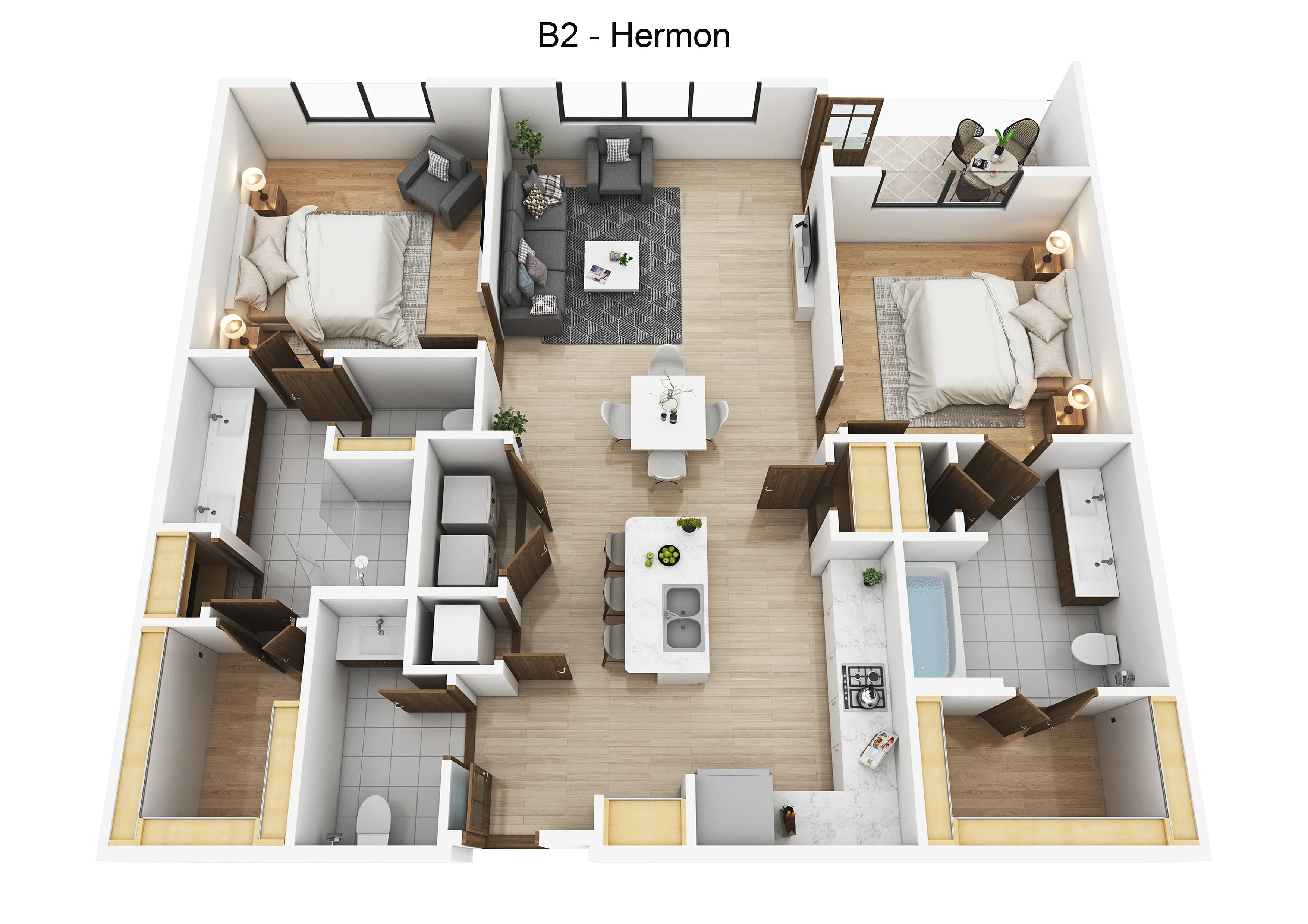 Modern Hermon floor plan showcasing a spacious layout with two bedrooms, a stylish living room, a contemporary kitchen with island, and a cozy balcony.