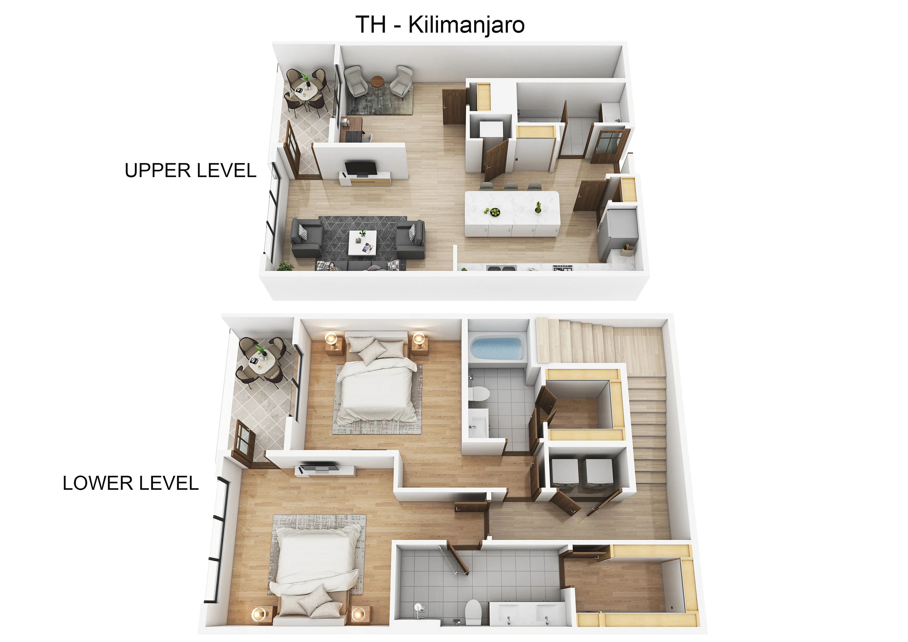 Chic townhouse floor plan named Kilimanjaro, featuring upper and lower levels. Spacious upper level includes open-concept living and dining area with modern kitchen, while the lower level boasts two cozy bedrooms and a sleek bathroom.