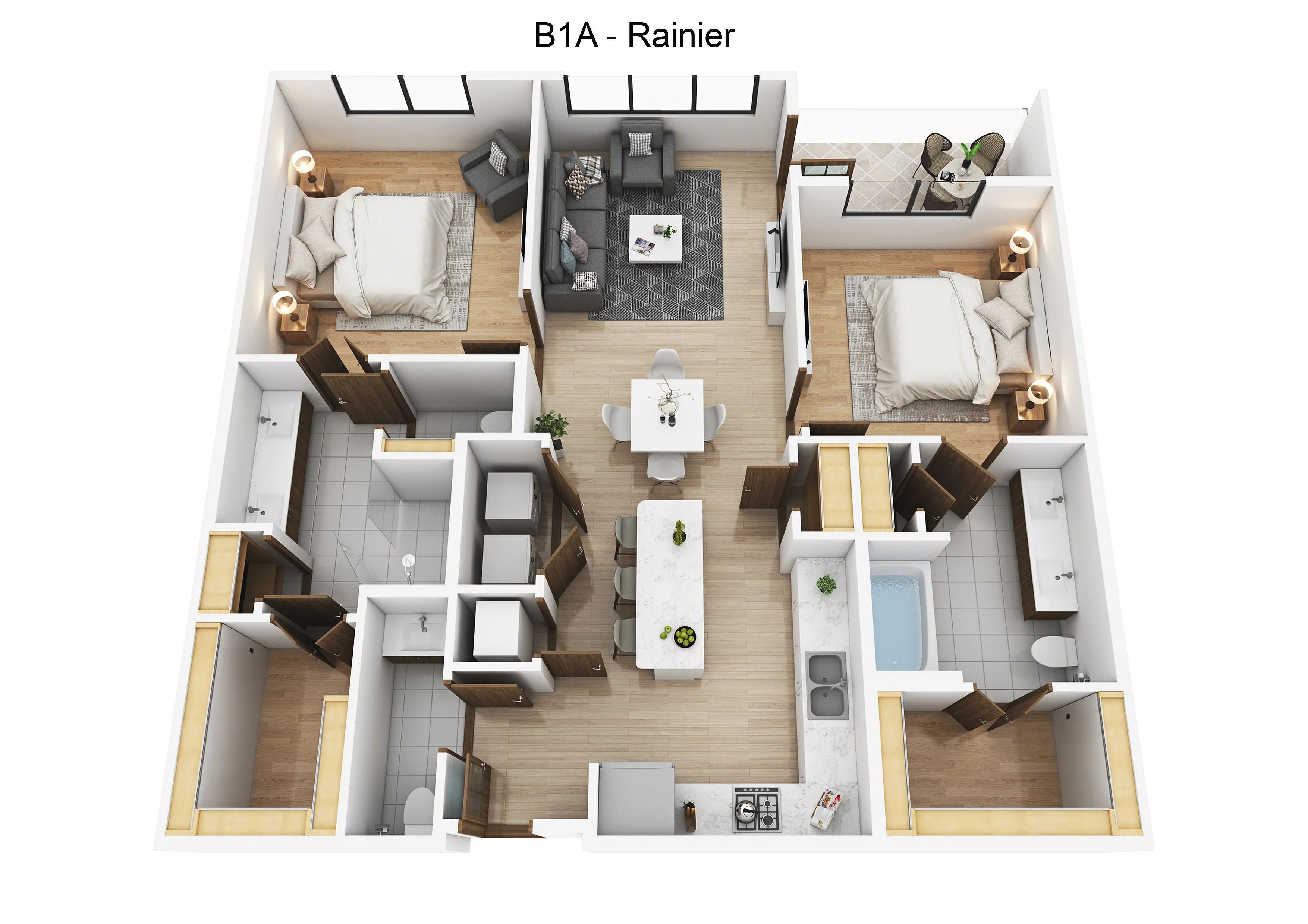 Modern 2-bedroom Rainier floor plan featuring a spacious living area, sleek kitchen, and private balcony.