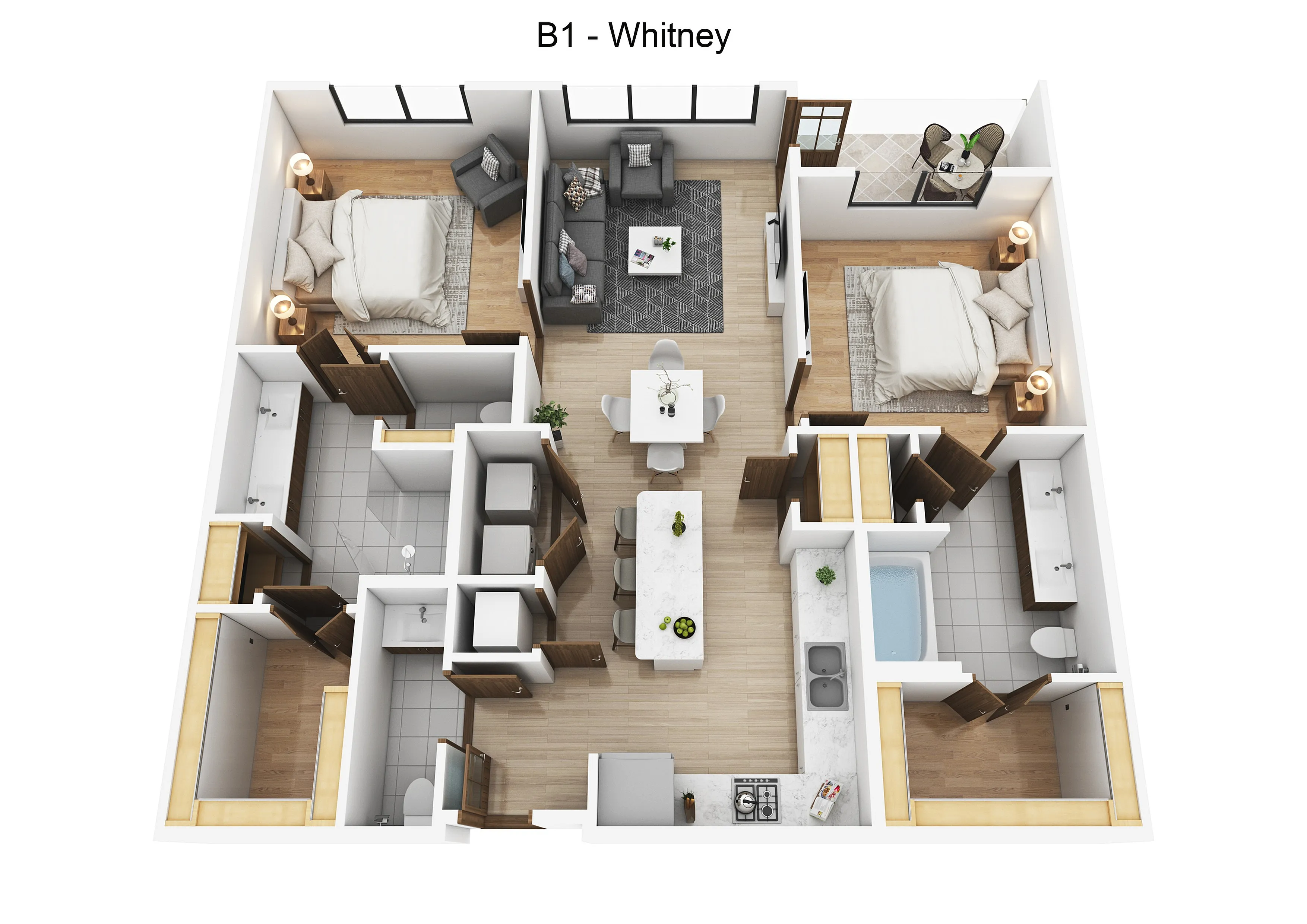Modern 3D floor plan of Whitney featuring 2 bedrooms, spacious living area, and stylish open kitchen with island seating.