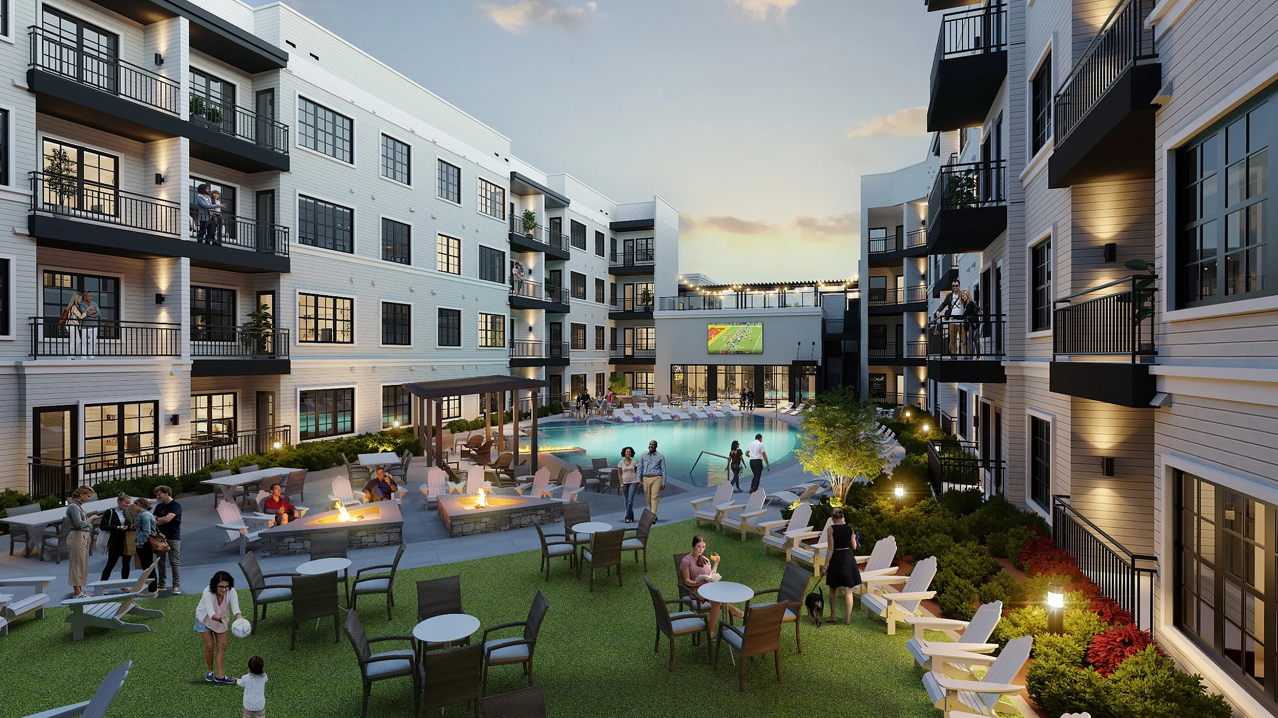 Vibrant apartment complex courtyard featuring a sparkling pool, cozy fire pits, and lively social gatherings at dusk.