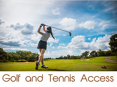 Lush green golf course scene with a golfer mid-swing under a bright blue sky, highlighting available golf and tennis access.
