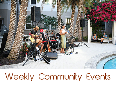 Vibrant community event by the pool featuring live music under palm trees.