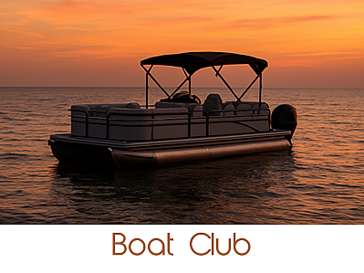 Serene sunset view of a pontoon boat floating on calm waters, perfect for a relaxing boat club getaway.
