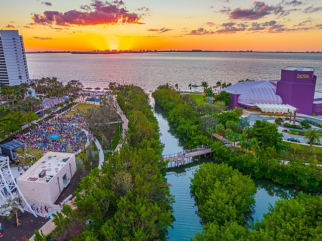 Aerial View of Waterfront Sunset