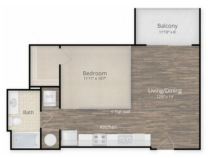 Modern floor plan showcasing a spacious 1-bedroom, open kitchen and living/dining area, bathroom, and cozy balcony.