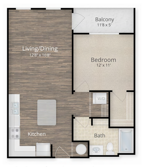 Chic floor plan showcasing an open-concept living/dining area, modern kitchen, cozy bedroom, inviting balcony, and elegant bathroom.