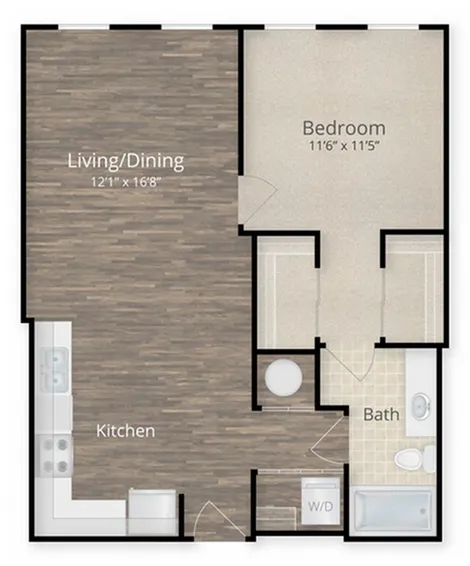 Modern 1-bedroom floor plan showcasing an open-concept living/dining area, integrated kitchen, and spacious bath, ideal for stylish living.
