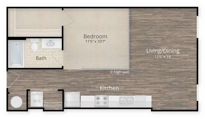 Modern floor plan with open living/dining area, sleek kitchen, cozy bedroom, and stylish bathroom layout.