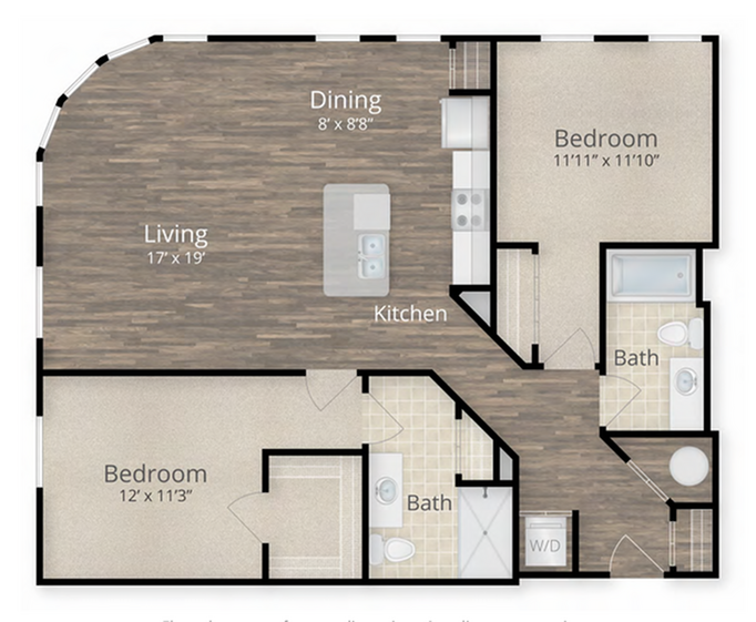 Modern floor plan showcasing 2 bedrooms, spacious living room, kitchen with island, and two bathrooms. Ideal for luxury urban living.