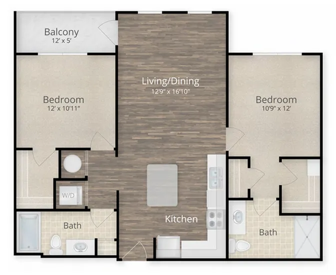 Modern 2-bedroom floor plan with a spacious living/dining area, sleek kitchen, two bathrooms, and a cozy balcony.