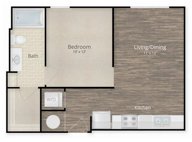 Modern one-bedroom apartment floor plan featuring a spacious living/dining area, sleek kitchen, elegant bath, and in-unit washer/dryer.