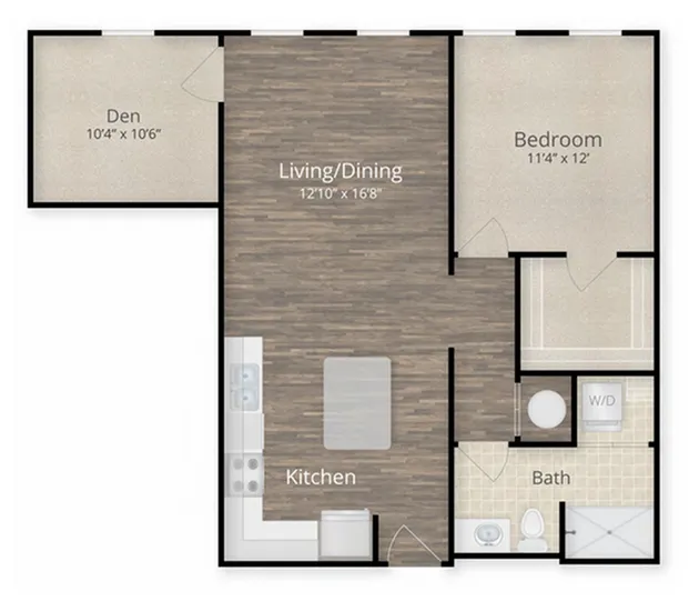 Inviting floor plan with a spacious living/dining area, cozy bedroom, modern kitchen, den, and bath with in-unit laundry.