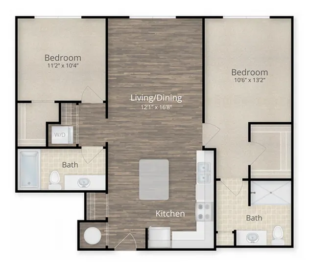 Modern 2D floor plan showcasing 2 spacious bedrooms, open-concept living and dining area, and a sleek kitchen layout.