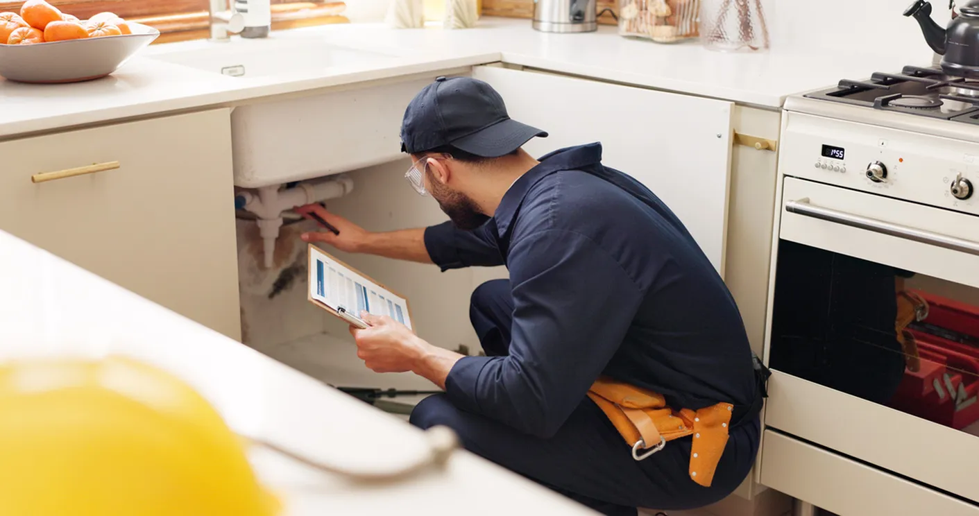 Professional plumber inspecting under-sink plumbing in a modern kitchen, ensuring high-quality home maintenance.
