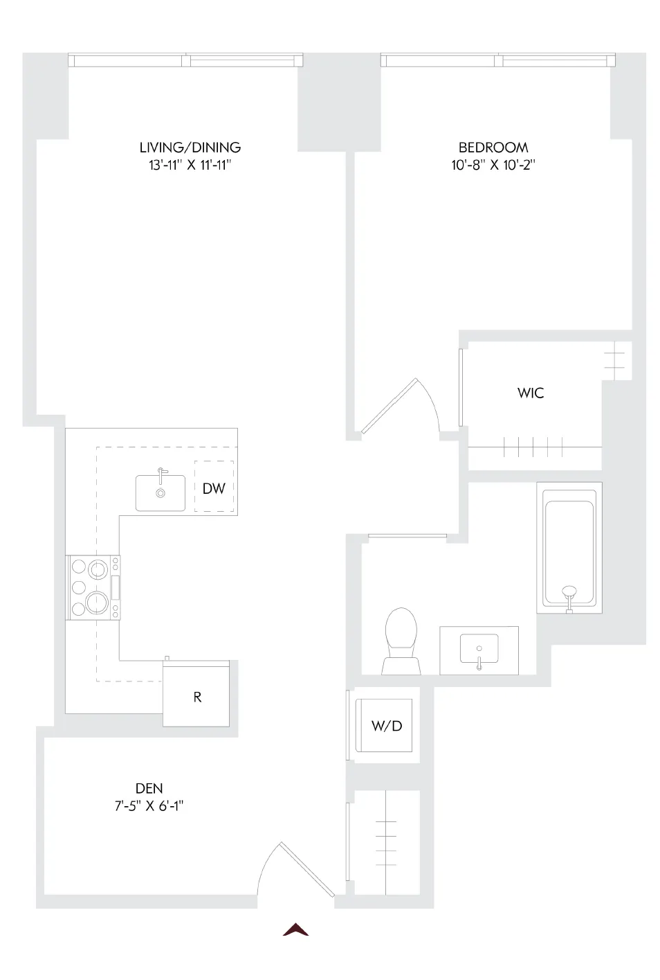 Modern floor plan with spacious living/dining area, cozy bedroom, functional kitchen, and additional den. Includes walk-in closet and laundry space.