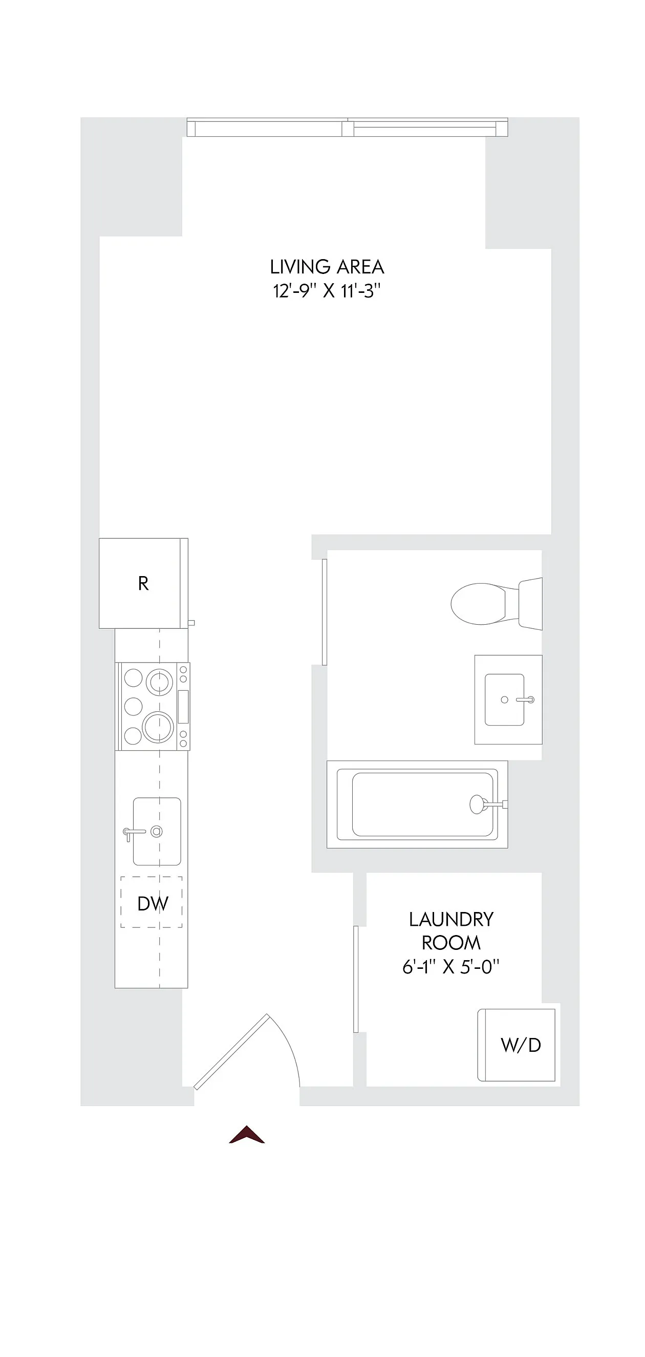 Avira Residence 9 floor plan showcasing a modern studio layout with a spacious living area, laundry room, and bathroom, available on floors 10-23.