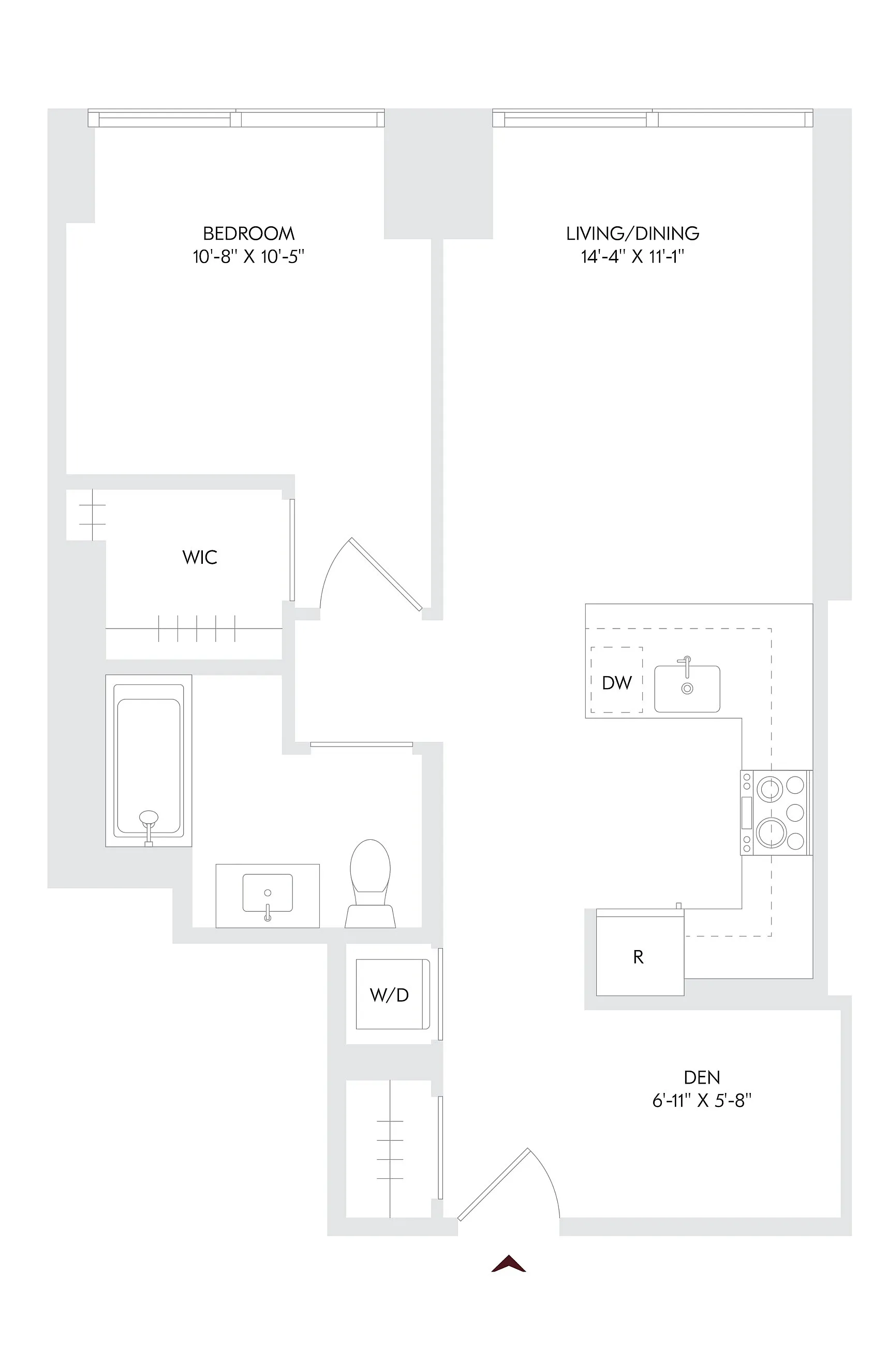 Modern floor plan of Avira Residence 16 featuring 1 bedroom, den, open living/dining area, and streamlined kitchen. Includes a walk-in closet and laundry area. Available on floors 10-27.