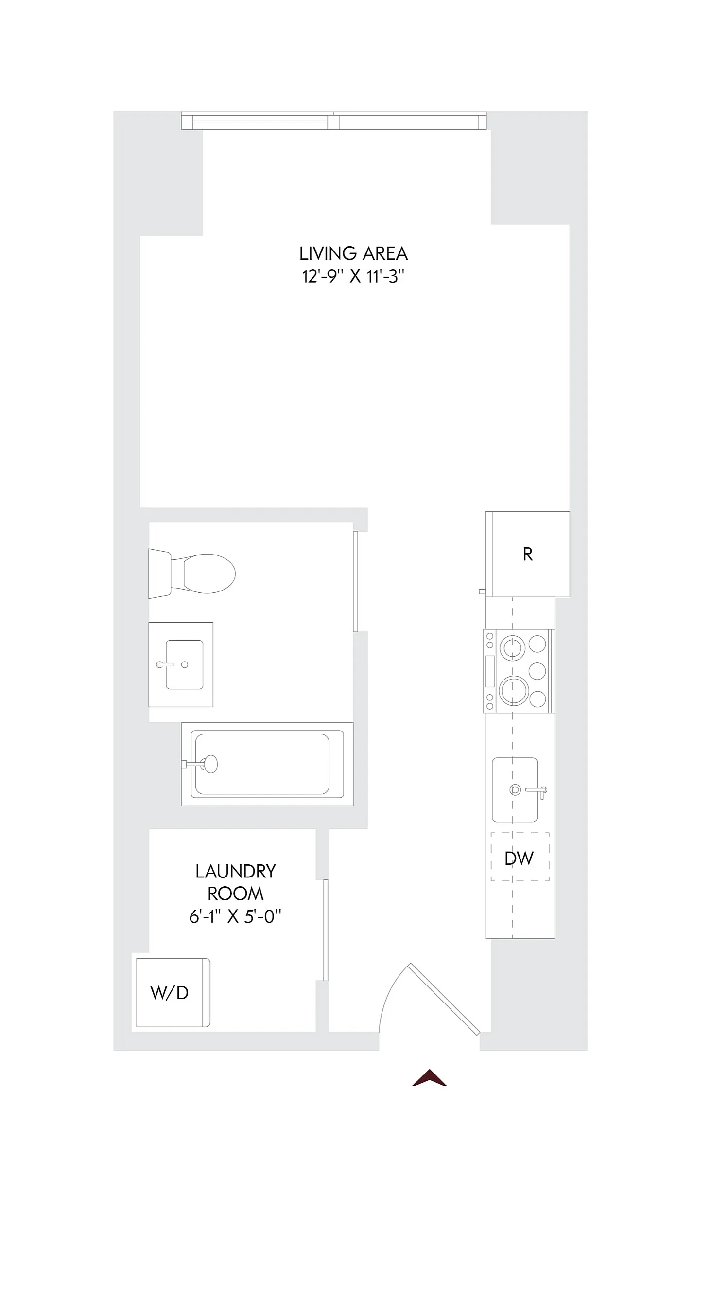 Modern studio floor plan highlighting an open living area, efficient kitchen with dishwasher, and a convenient laundry room, located on floors 10-23 of Avira in Philadelphia.