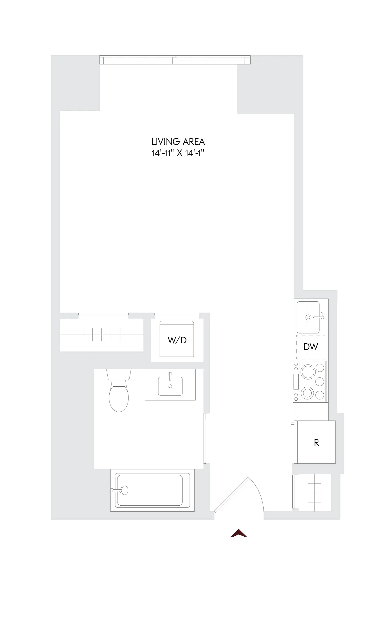 Contemporary studio apartment floor plan at Avira Residence 6, featuring an open living area, modern kitchen, and convenient washer/dryer setup, perfect for stylish city living on floors 10-23.