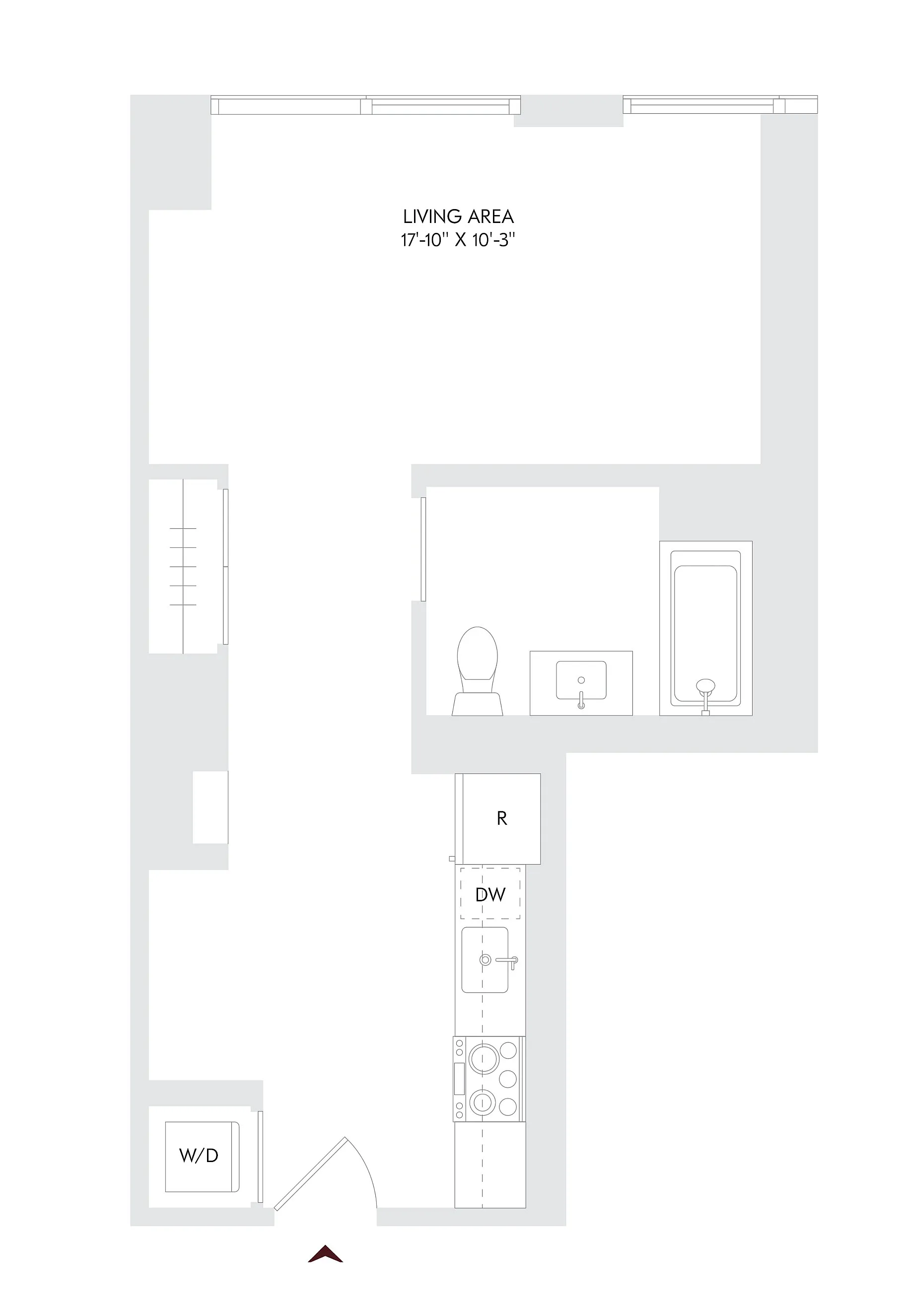 Modern studio apartment floor plan featuring a spacious living area, kitchen with appliances, and a sleek bathroom. Located on floors 10-23 with convenient amenities.