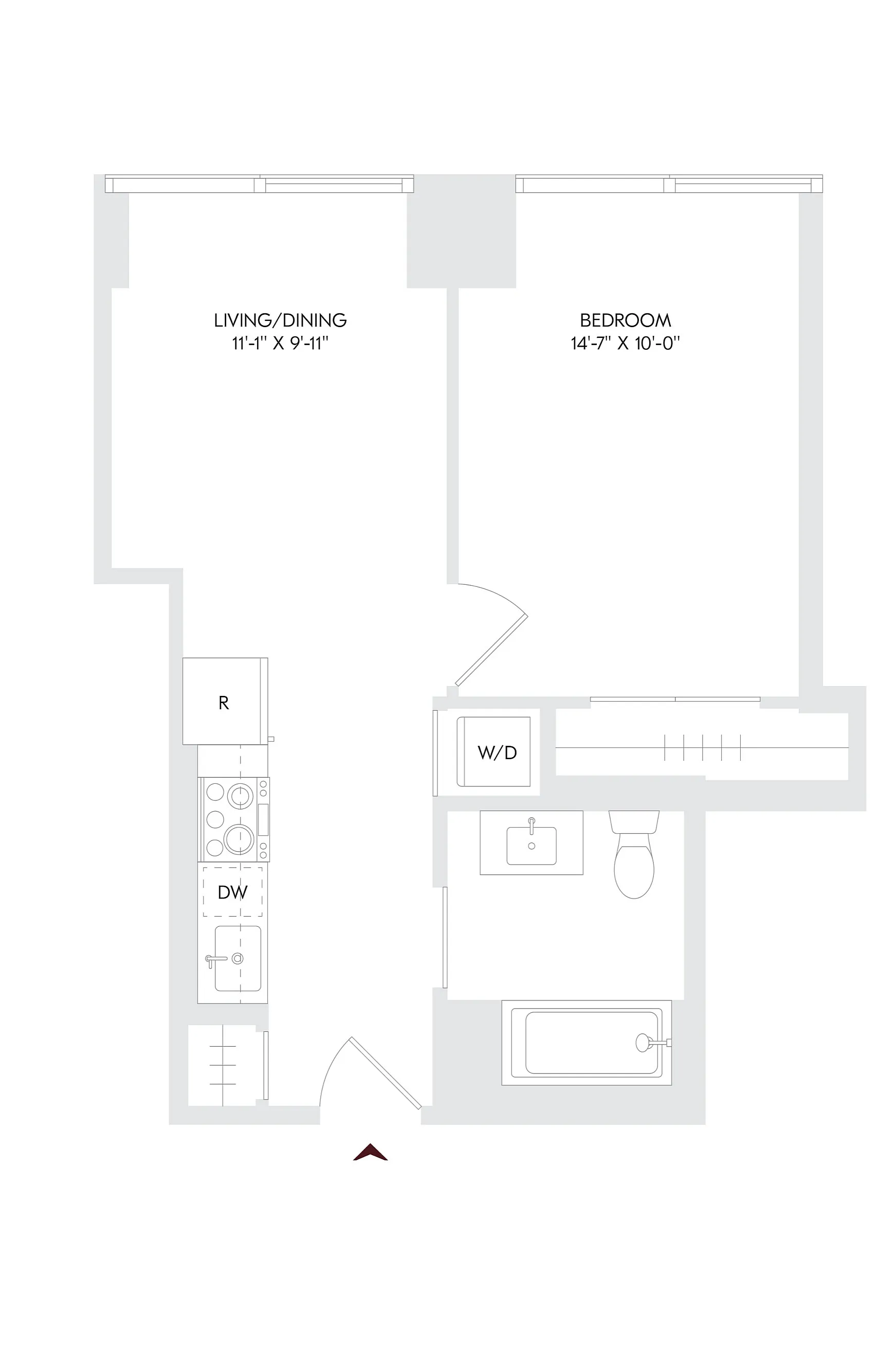 Avira Residence 7 modern floor plan featuring 1 bedroom, open-concept living and dining area, kitchen with appliances, and convenient bath. Located on floors 10-23 in Philadelphia.