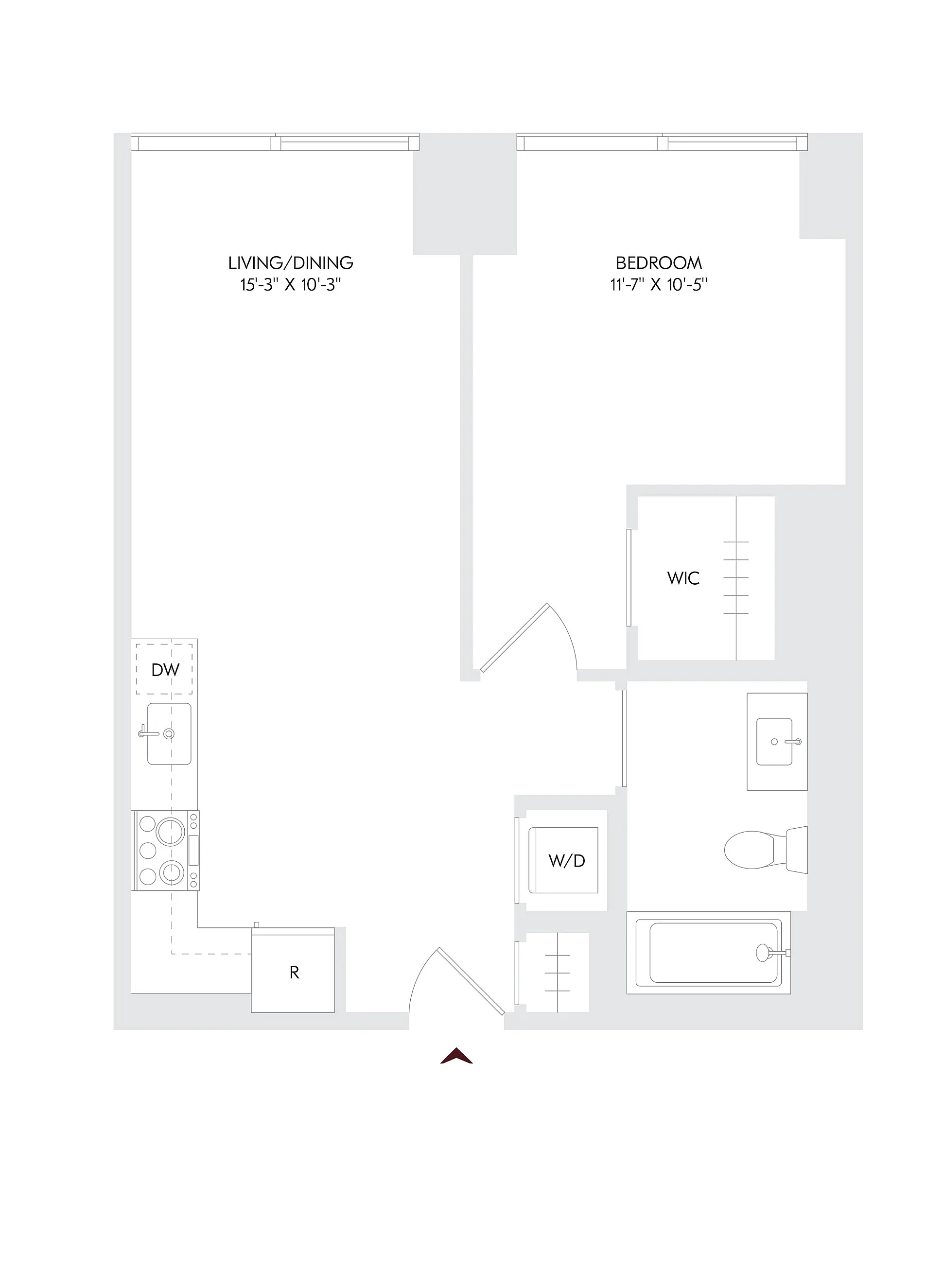 Residence 11 floor plan showcasing 1 bedroom and 1 bath with a spacious living/dining area, walk-in closet, and modern kitchen on floors 10-23 at Avira Living.