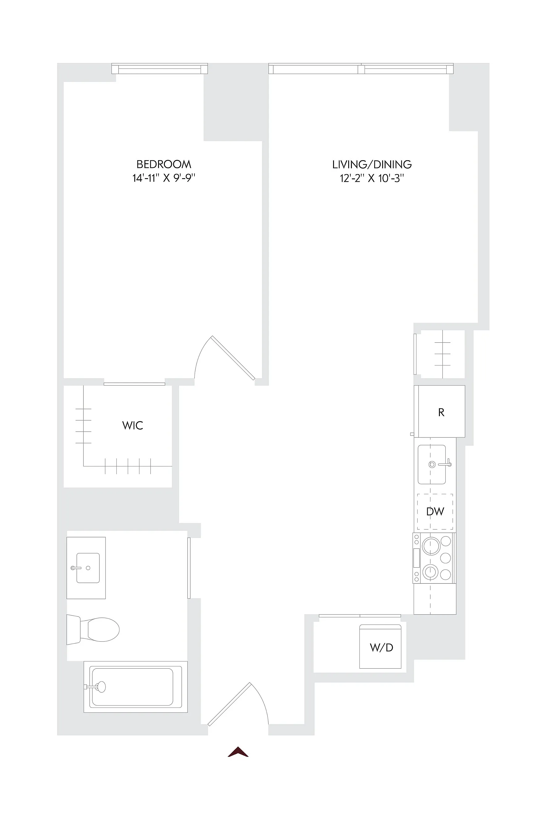 Avira Residence 1 floor plan showcasing a modern 1 bedroom, 1 bath layout with open living/dining area, efficient kitchen space, and walk-in closet. Perfect urban living.