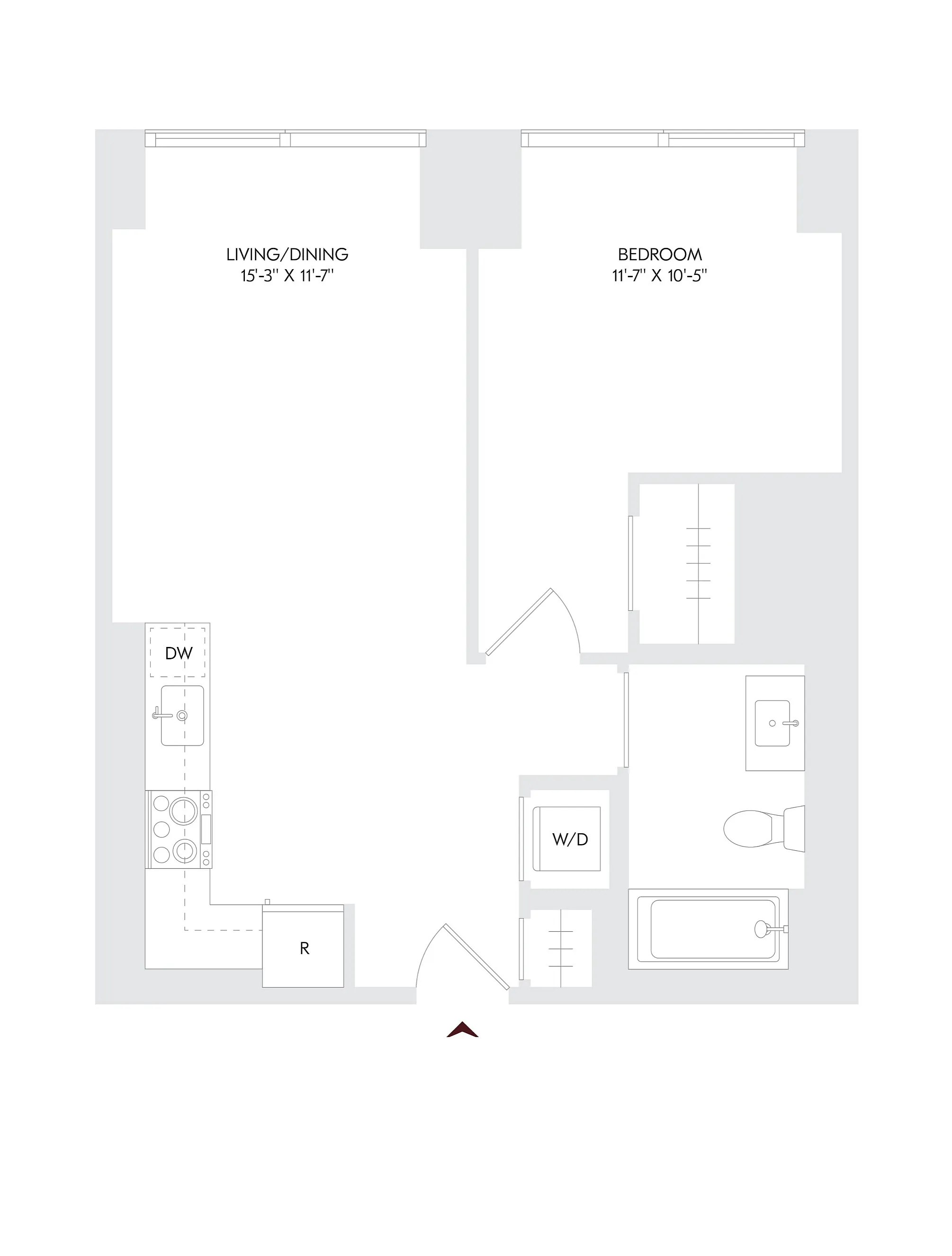 Elegant floor plan for Avira Residence 5 showcasing 1 bedroom and 1 bath with an open living/dining area, located on floors 24-27.