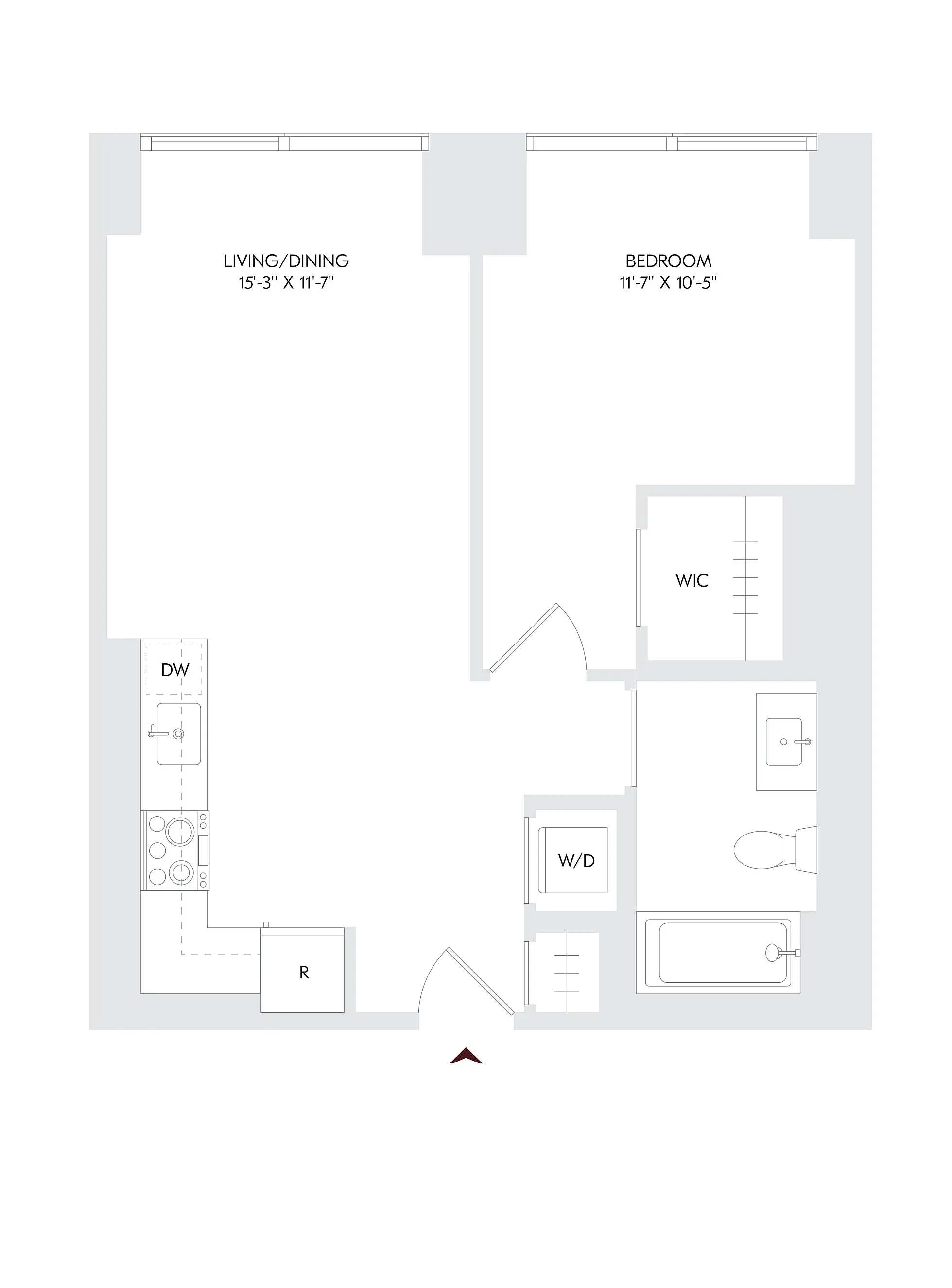Avira residence 11 floor plan showcasing 1 bedroom, stylish living/dining area, and modern kitchen, located on floors 24-27. Ideal for urban living.
