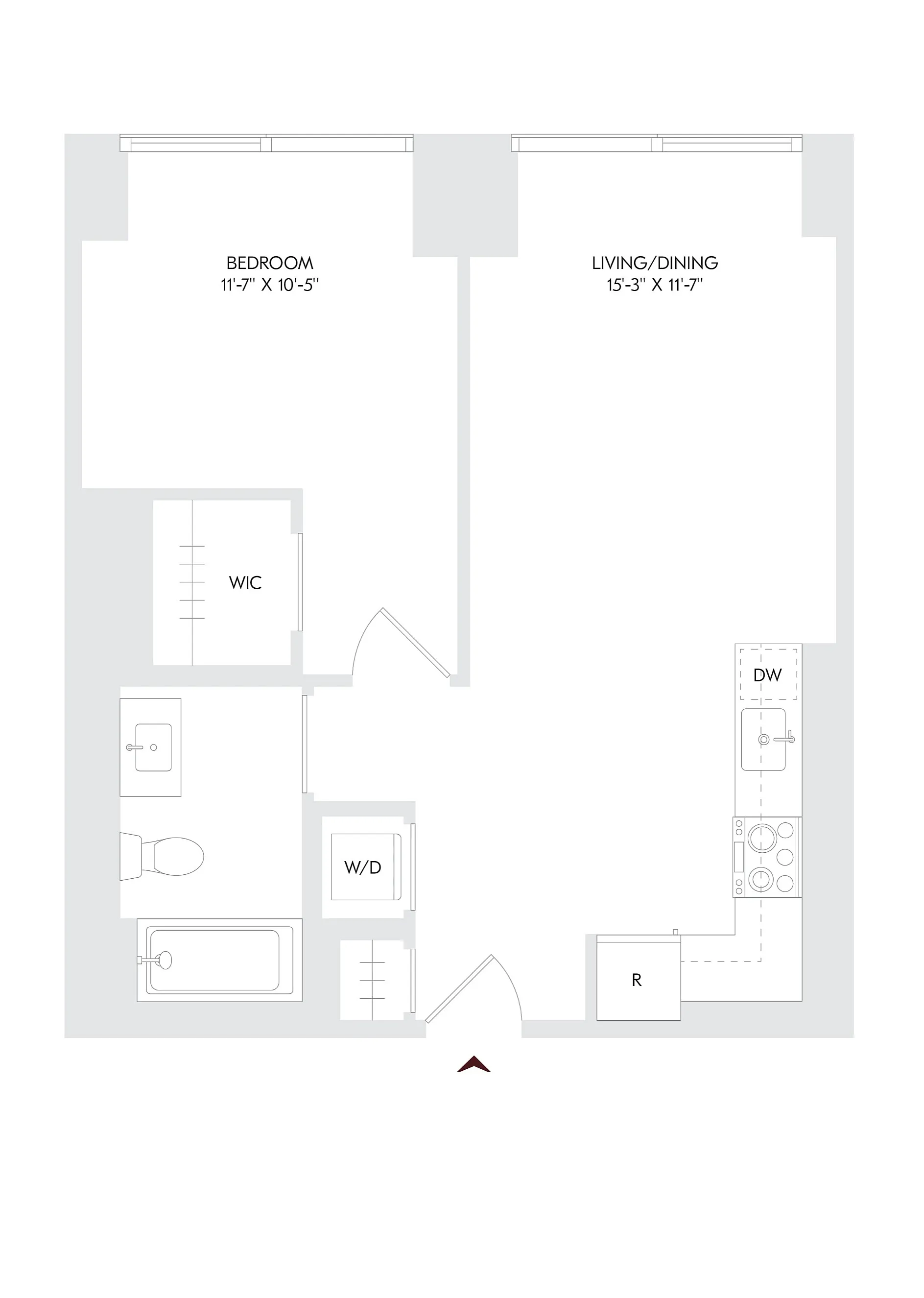 Modern floor plan for Avira Residence 12 featuring 1 bedroom, 1 bath, with a spacious living and dining area spanning floors 10-27. Includes walk-in closet and convenient washer/dryer setup.