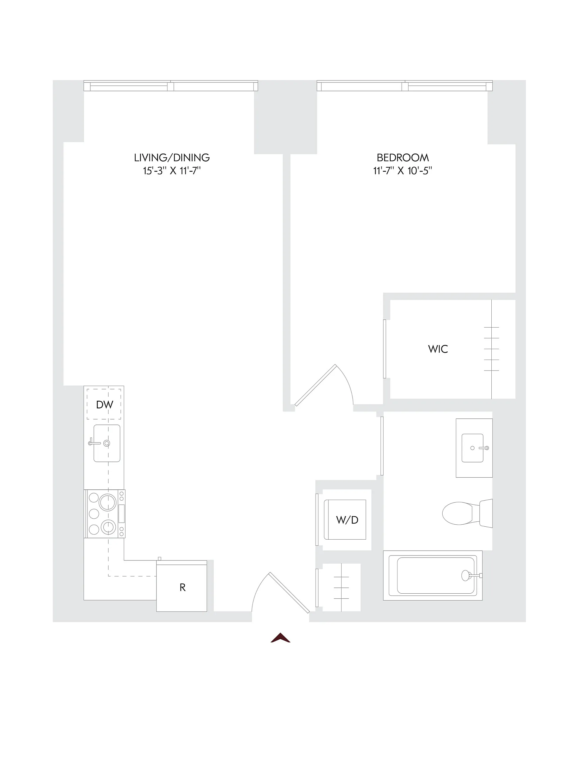 Avira Residence 13 one-bedroom floor plan showcasing modern living with open living/dining area, walk-in closet, and well-appointed kitchen.