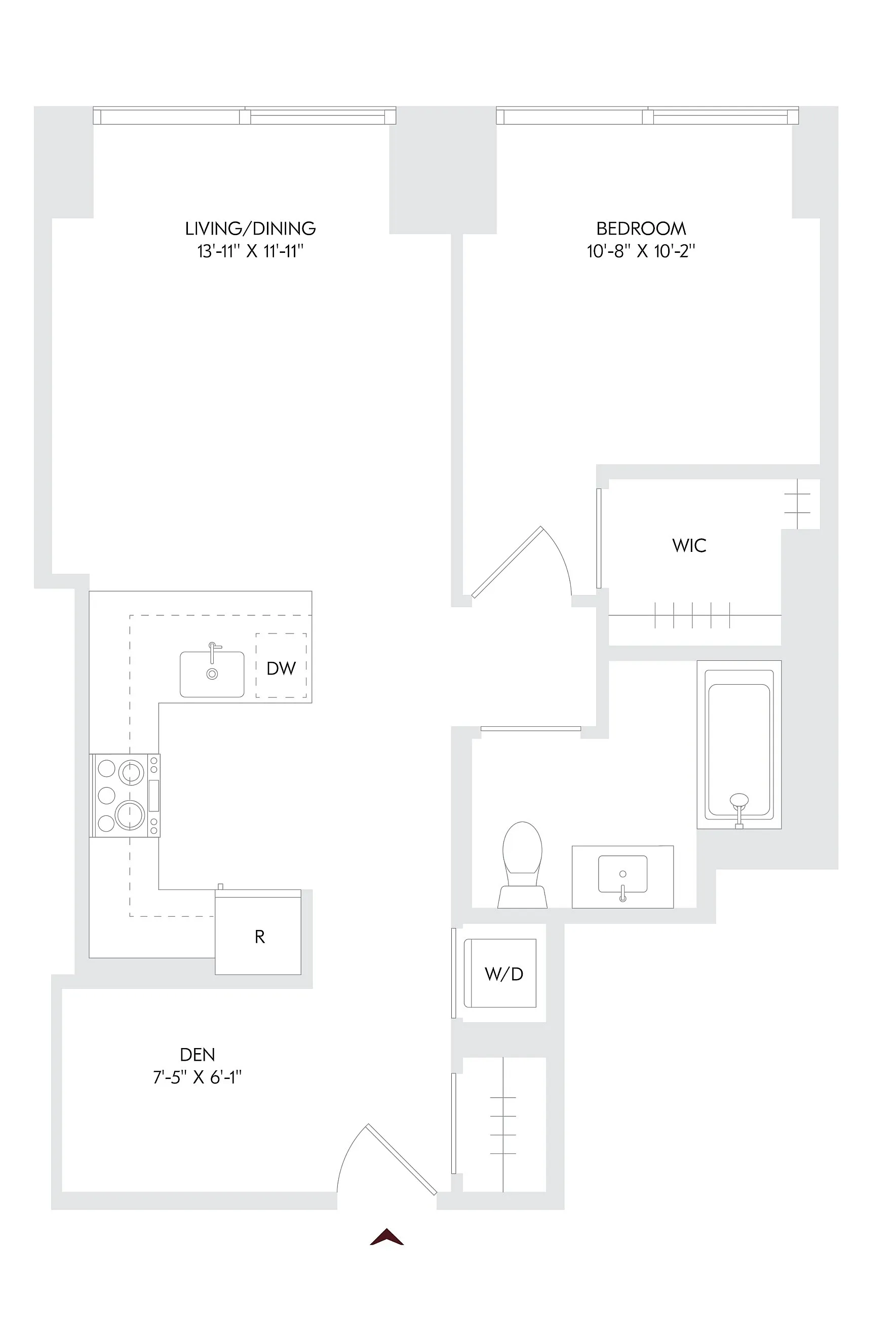 Avira Residence 18 floor plan showcasing a sleek 1-bedroom, open den, and full bath layout on floors 10-23, ideal for modern living in Philadelphia.