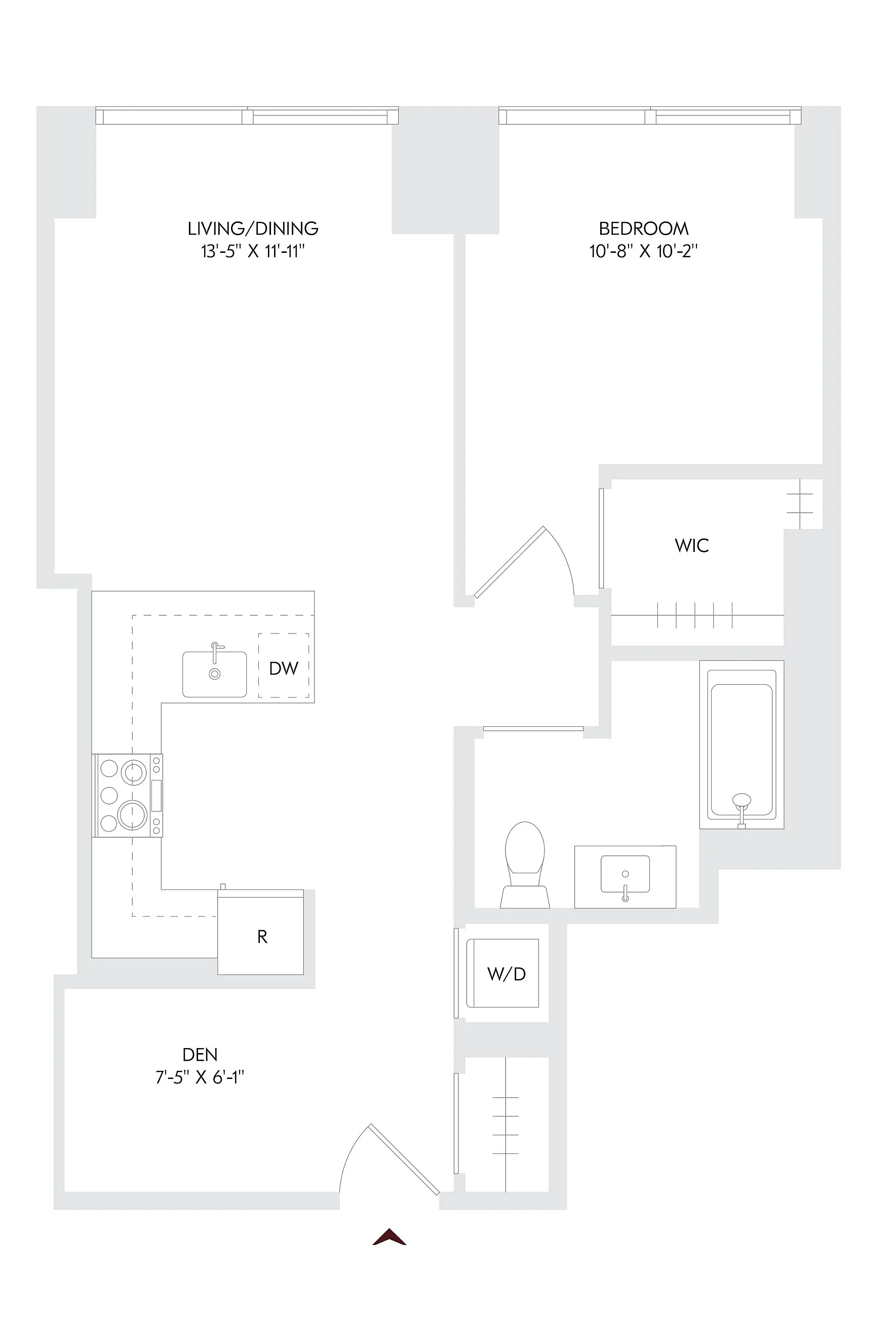 Elegant Residence 2 floor plan featuring 1 bedroom, a cozy den, open living/dining area, and spacious walk-in closet on floors 11-16 and 18-23.