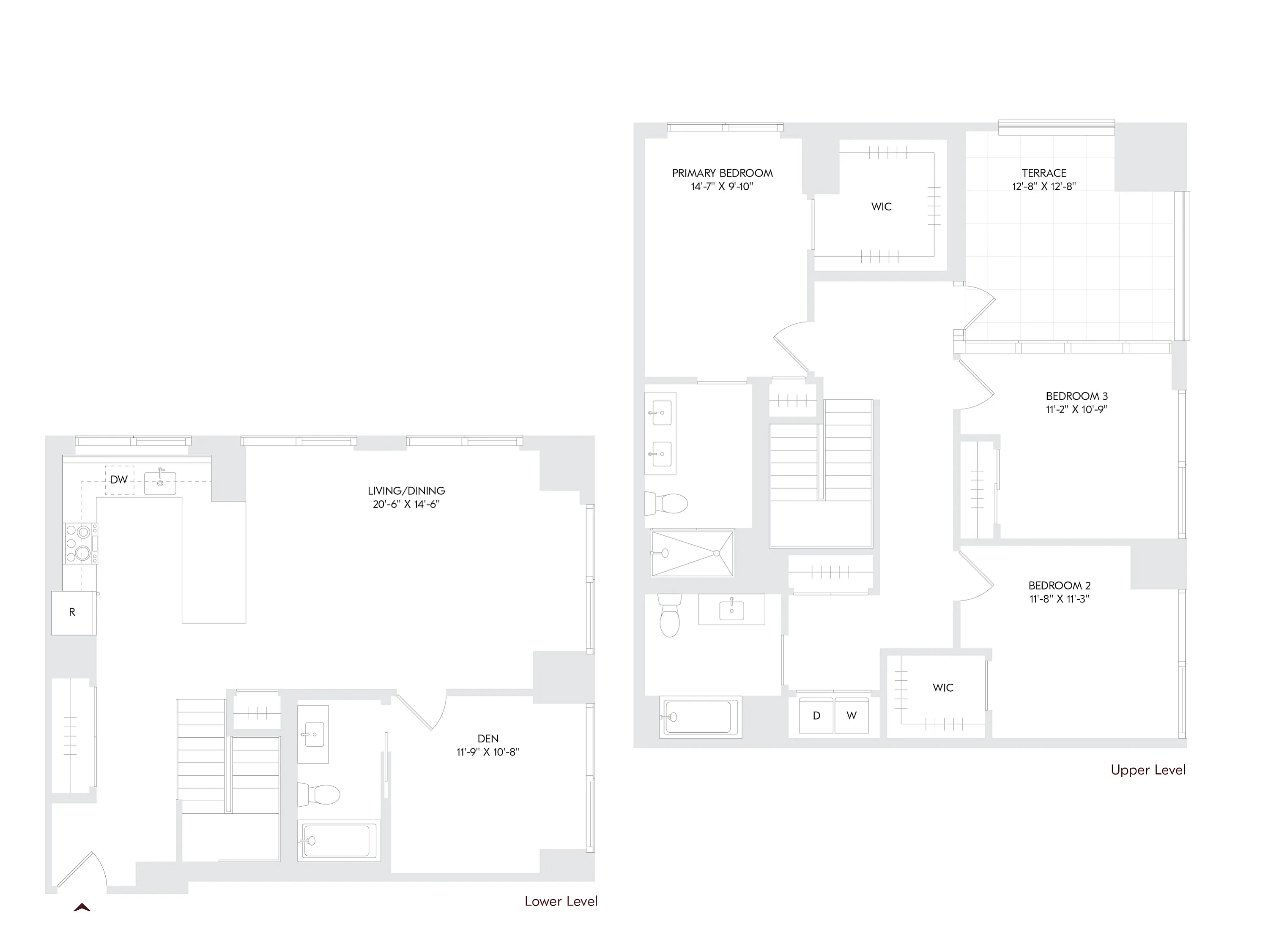 Avira Residence 4 floor plan with 3 bedrooms, a cozy den, 3 baths, and a spacious terrace. Includes an open-concept living and dining area, modern kitchen, and walk-in closets on two levels.