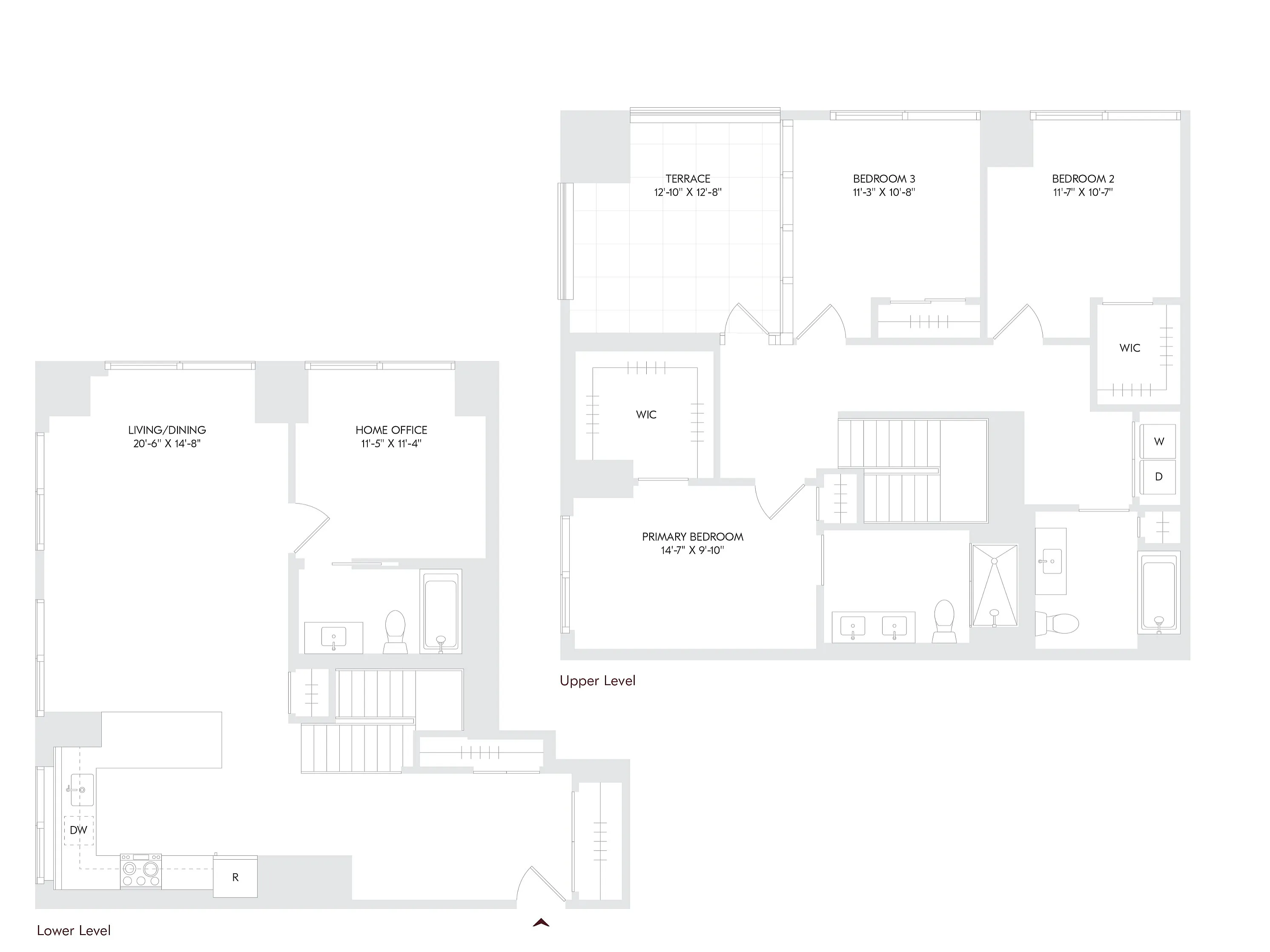 Elegant two-story floor plan for Avira Residence 15, featuring 3 spacious bedrooms, a den, 3 luxurious baths, and a charming terrace on floors 27-28.