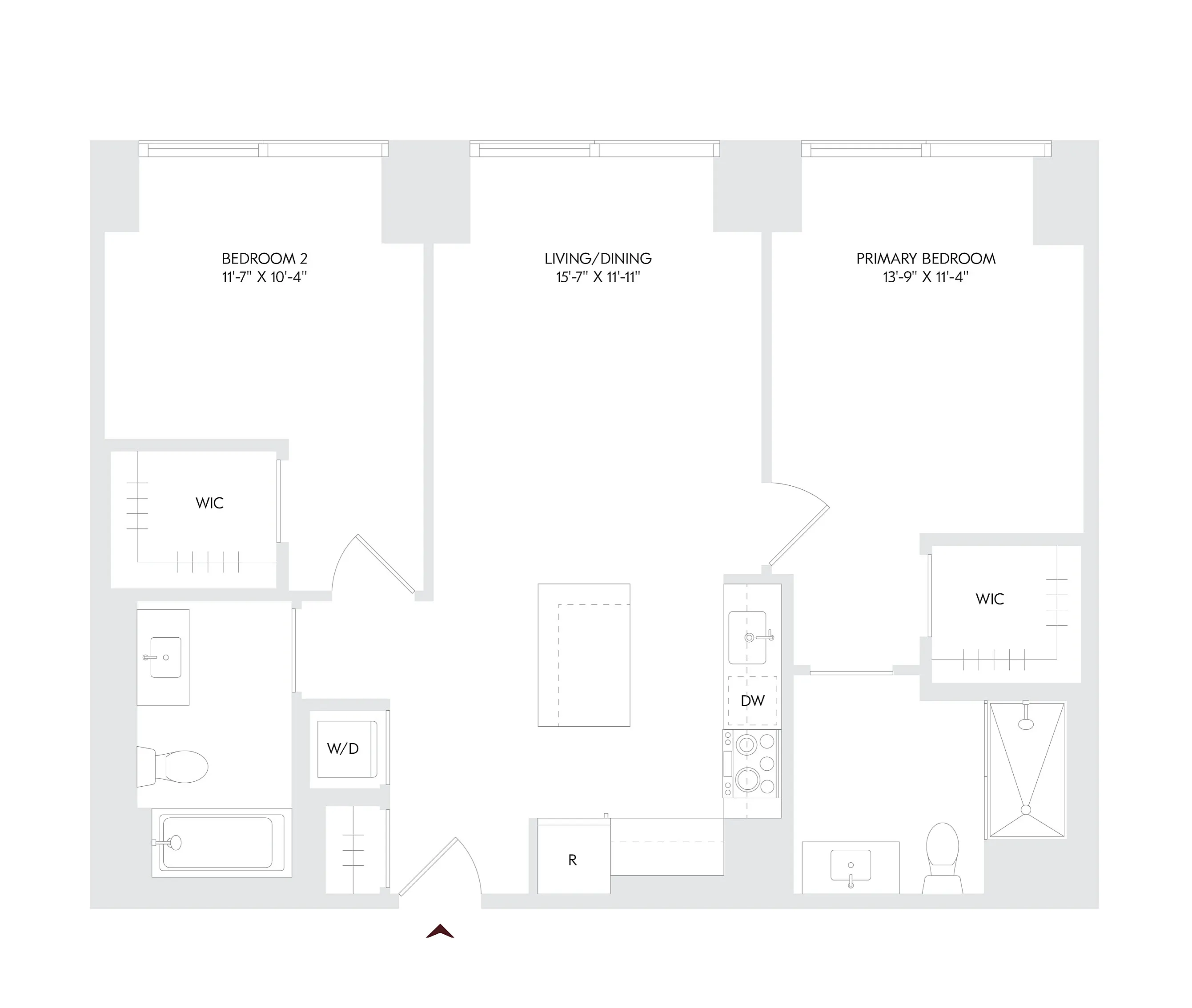 Avira Residence 6 floor plan with 2 bedrooms, 2 bathrooms, open living and dining area, modern kitchen, and walk-in closets, located on floors 24-27.