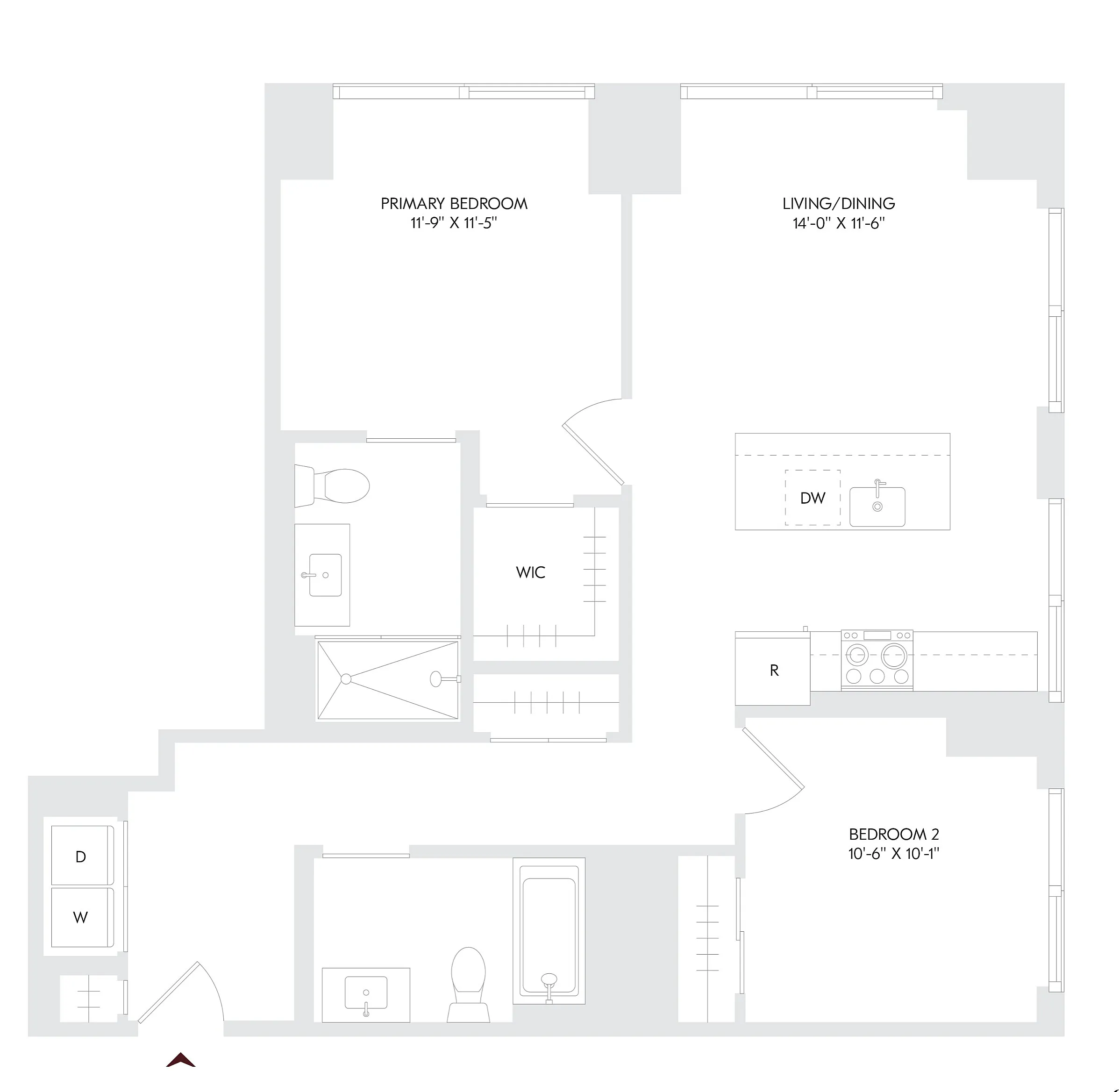 AIRA Residence 3 floor plan showcasing a modern 2 bedroom, 2 bathroom layout with open living/dining area and spacious kitchen, located on floors 10-26.