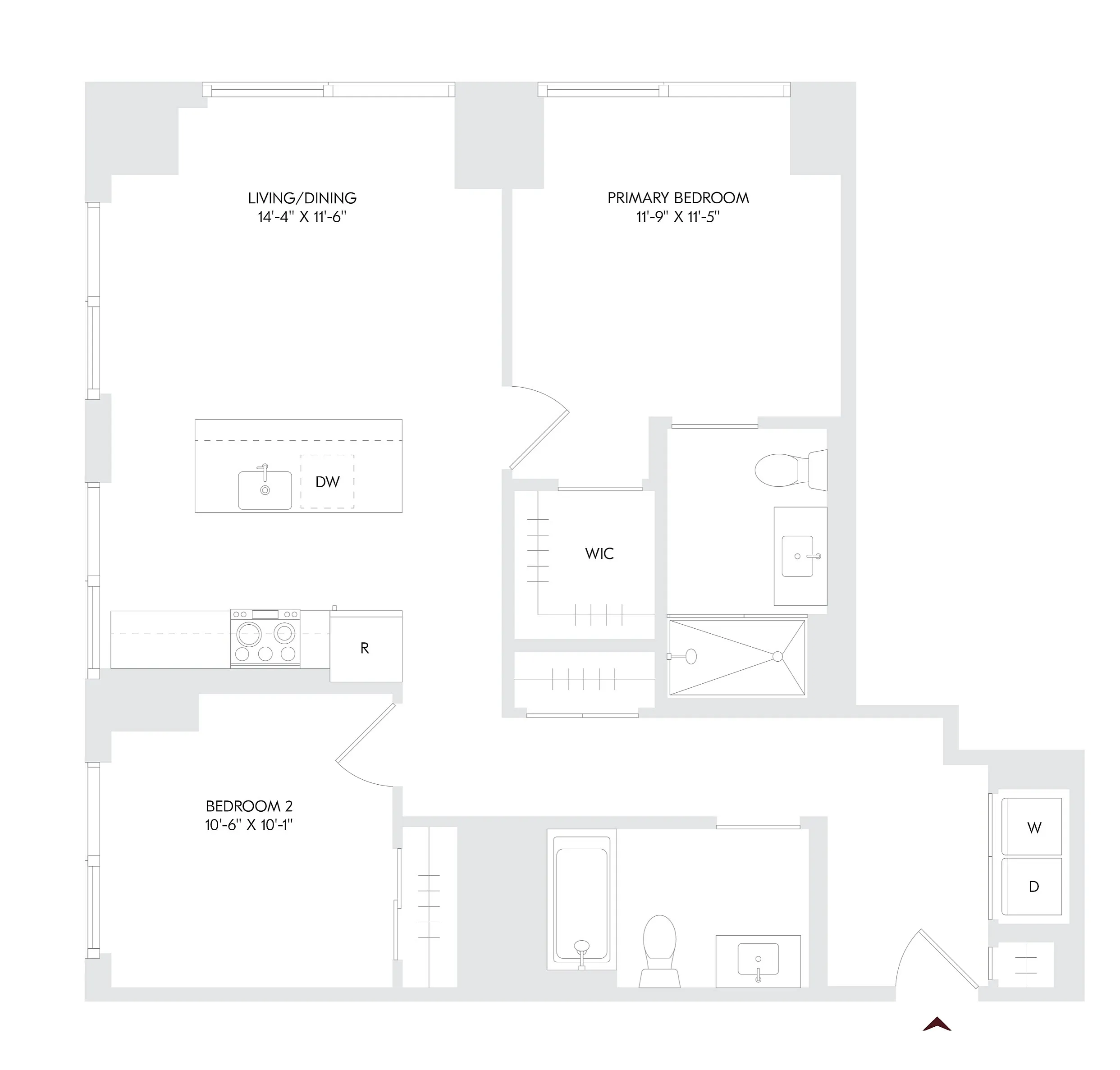 Elegant Avira Residence 15 floor plan with 2 bedroom, 2 bath layout featuring open living/dining area and modern kitchen, located on floors 11-26.