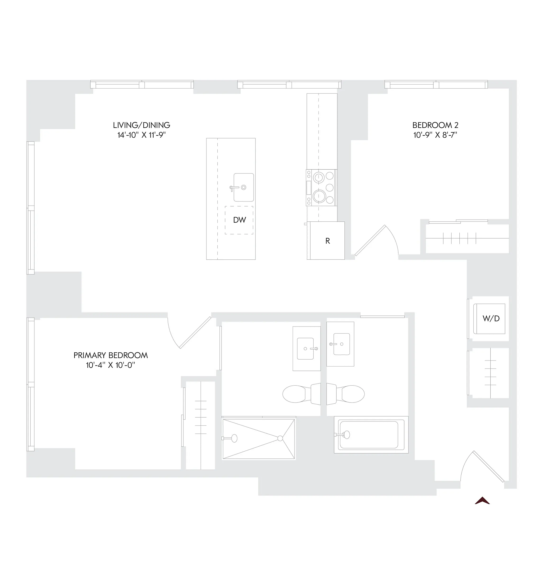 Elegant Avira Residence 14 floor plan showcasing 2 spacious bedrooms, 2 modern bathrooms, and an open living/dining area with a contemporary kitchen island.