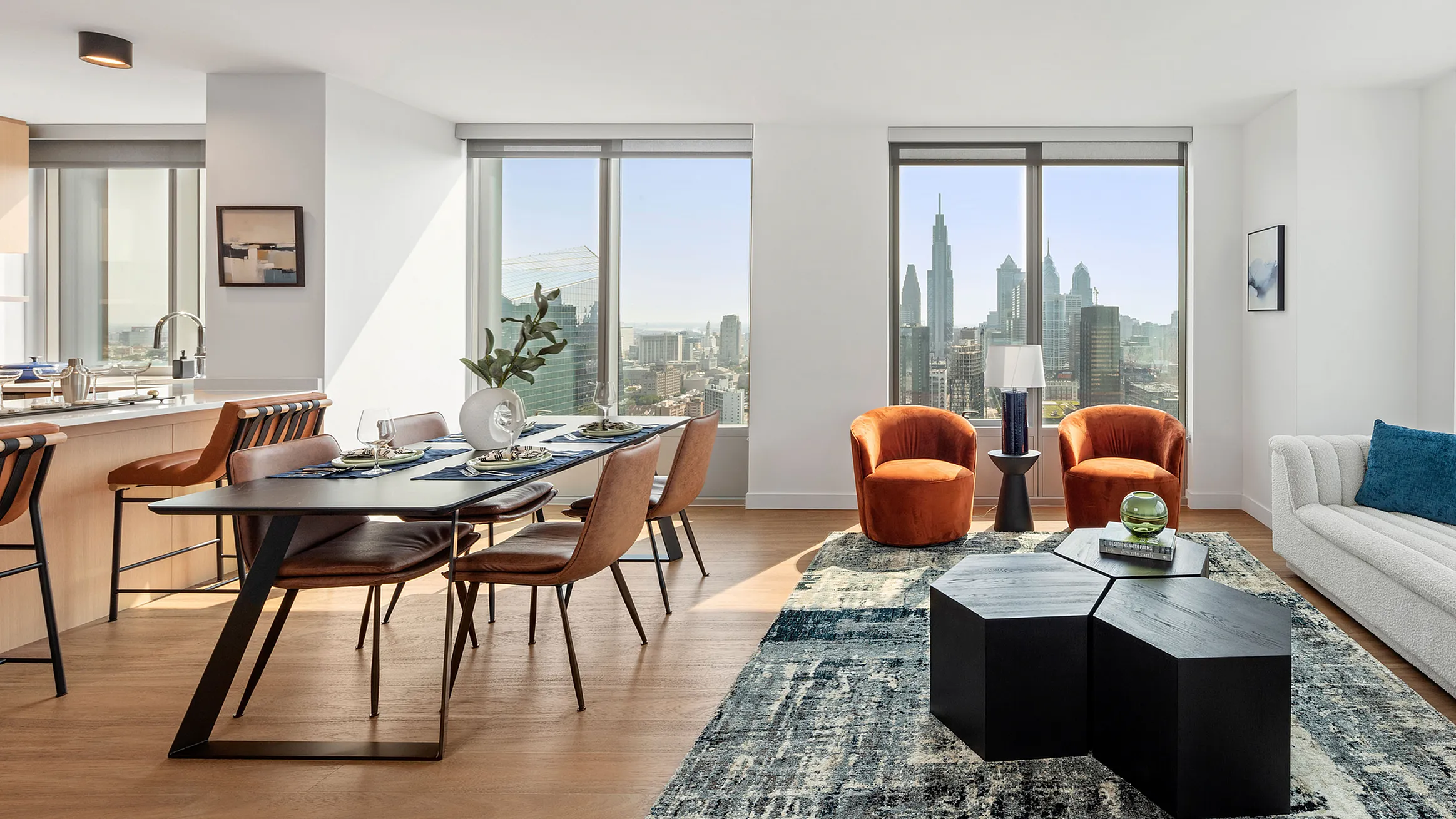 Elegant urban apartment with a sunlit open-plan living room, chic dining area, and modern cityscape views.