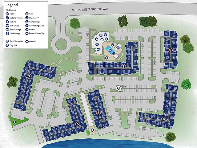 Vibrant community layout showcasing multiple residential blocks, pool area, and amenities like a clubhouse and fitness center. The landscape design includes lush greenery and convenient parking.