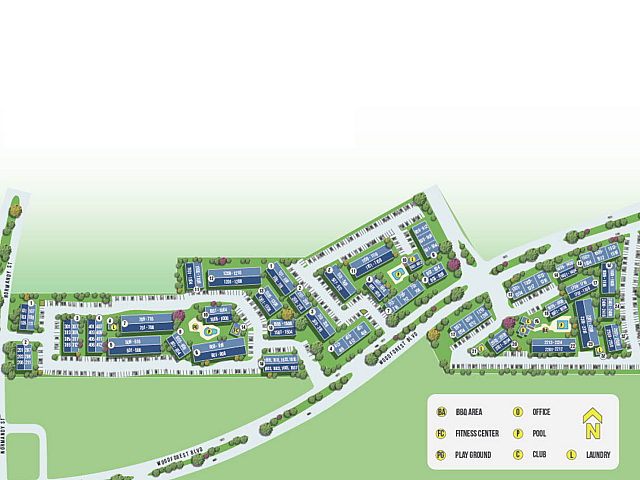 Charming apartment complex site map highlighting residential buildings, lush greenery, park areas, and convenient amenities like a pool, fitness center, and playground.