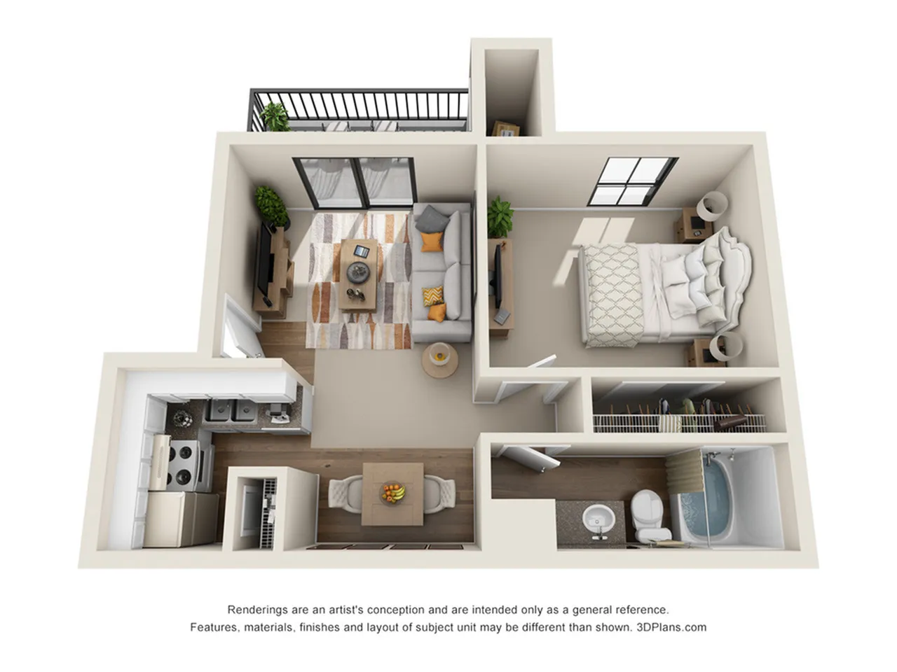 Modern 3D floor plan showcasing a cozy one-bedroom apartment with a stylish living room, sleek kitchen, and a charming balcony.