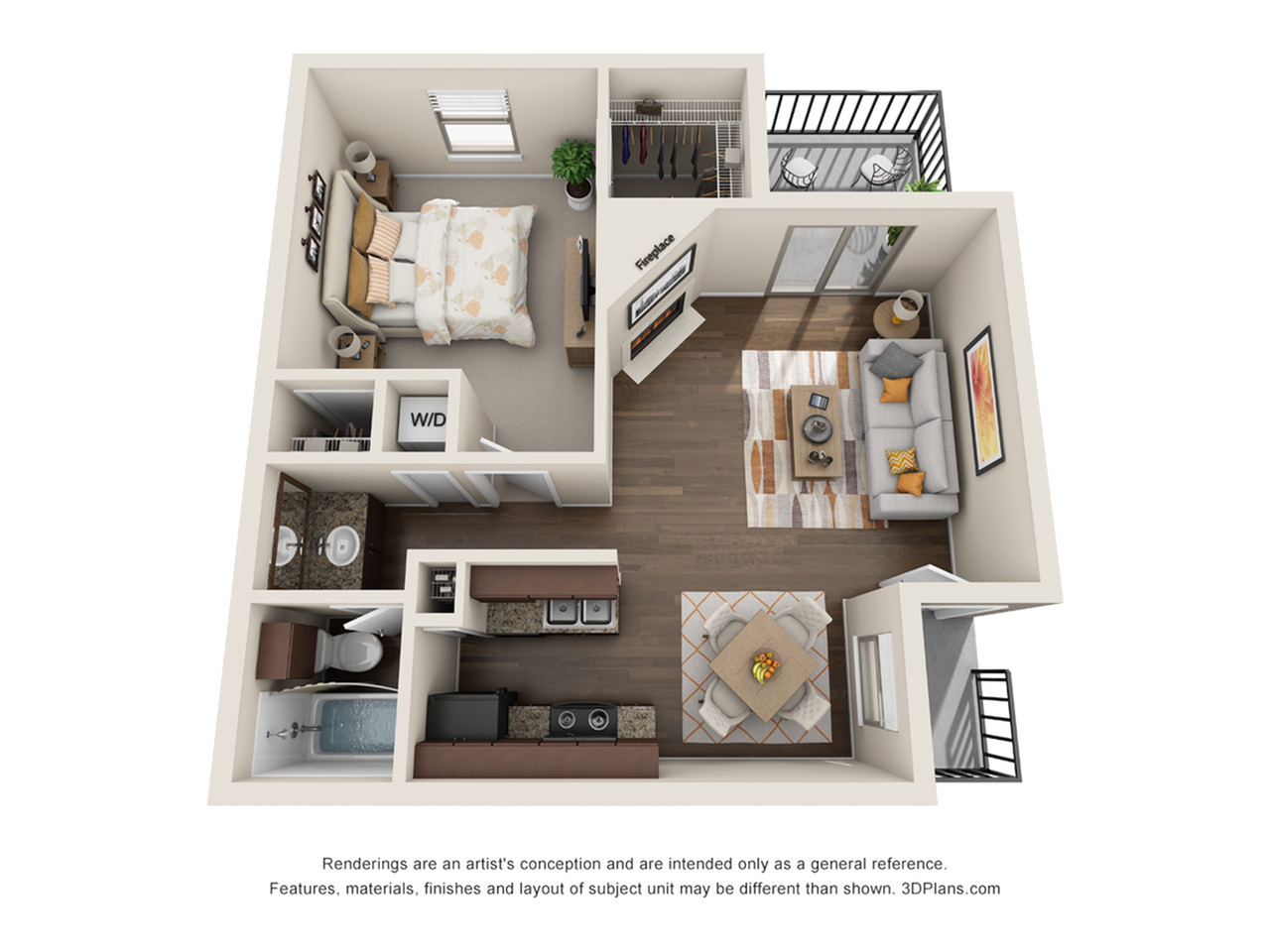 Modern 3D apartment floor plan featuring a cozy bedroom, stylish open-concept living room, compact kitchen, and private balcony.